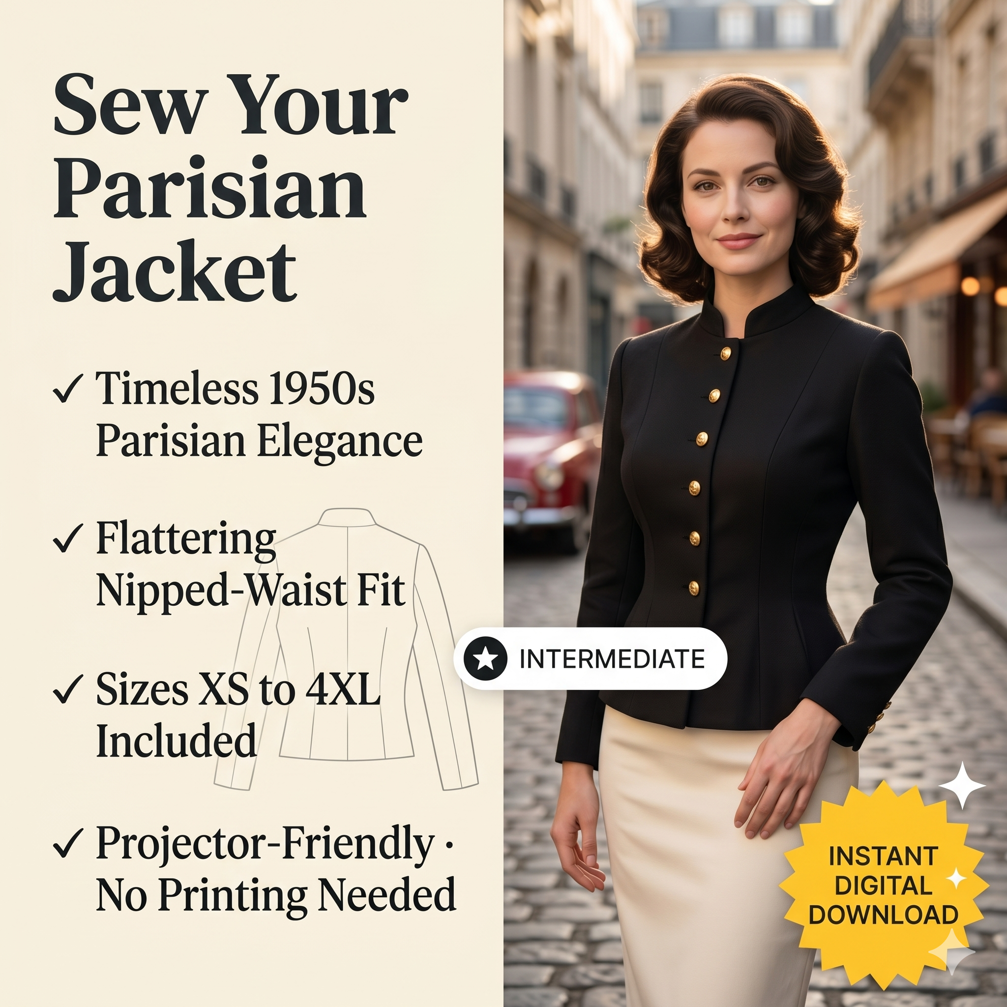 ✨ 1950s Parisian Style Mandarin Collar Jacket – Instant Download PDF Sewing Pattern