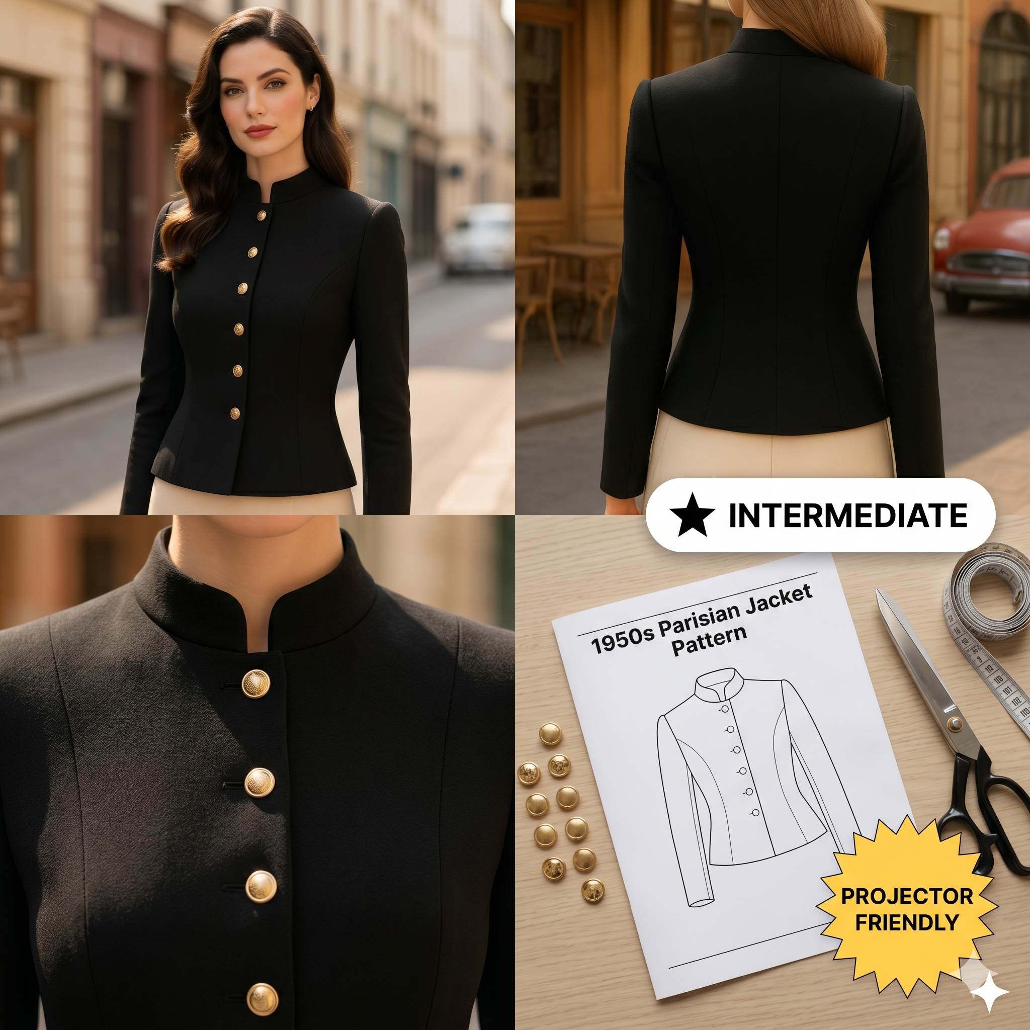 ✨ 1950s Parisian Style Mandarin Collar Jacket – Instant Download PDF Sewing Pattern