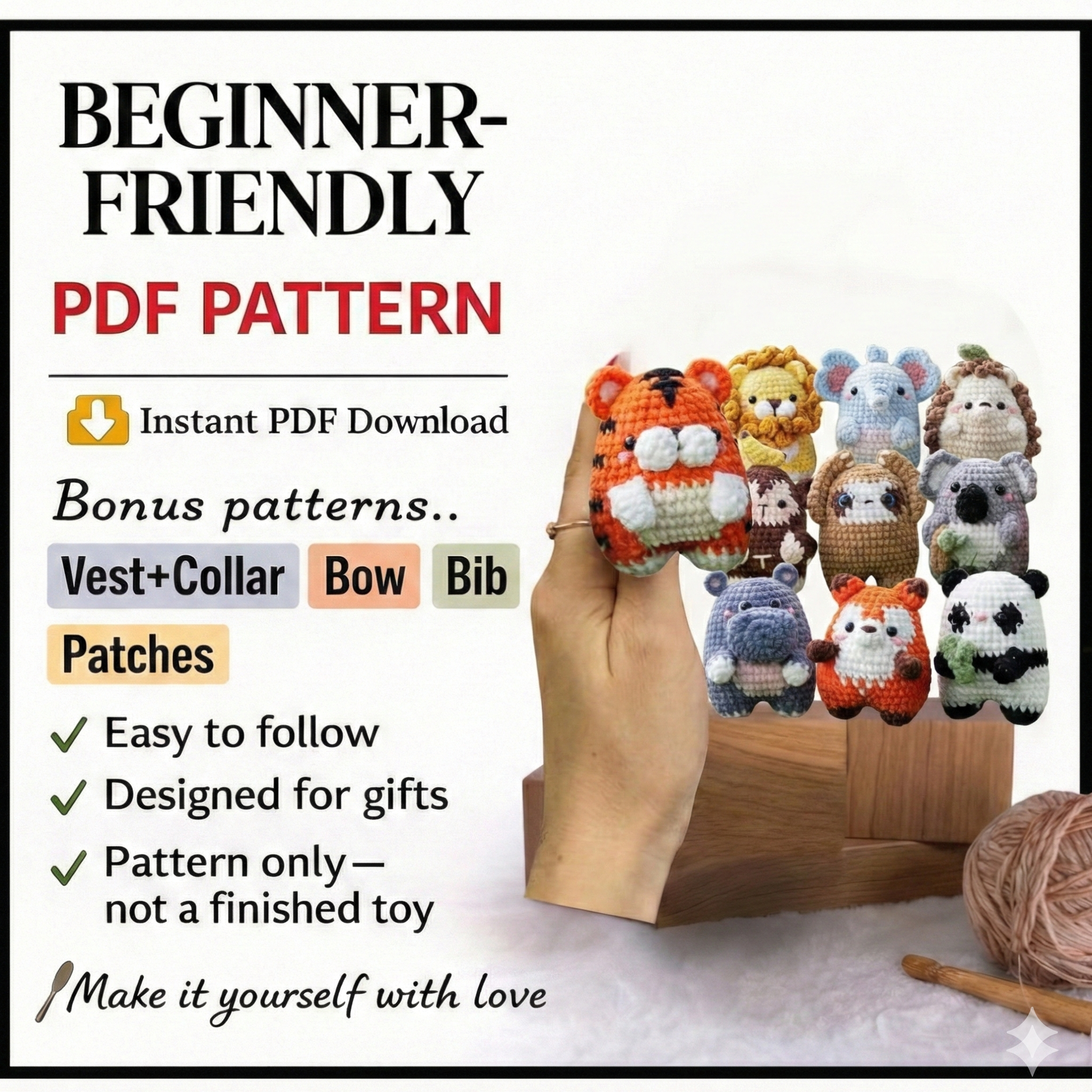 24in1 Tiny Beasties Collection Crochet Patterns | Hedgehog Pattern, Frog Pattern, Giraffe Pattern, Unicorn Pattern, Penguin Pattern
