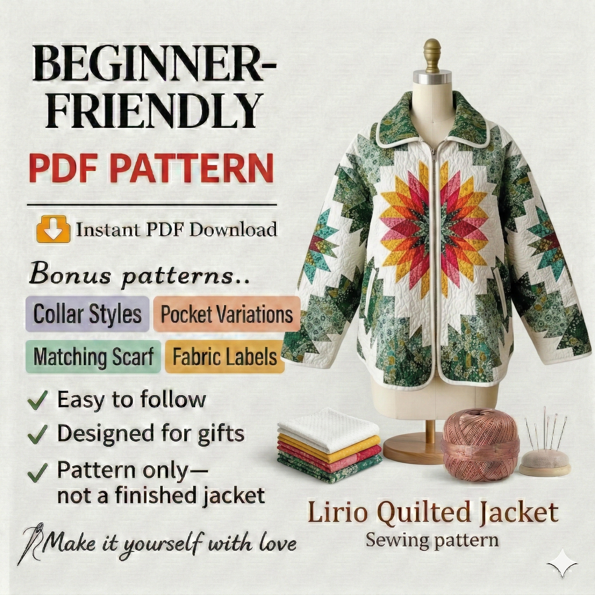 Artful Quilted Jacket Sewing Pattern | Beginner Friendly, Sizes XXS-5XL (Instant Download)