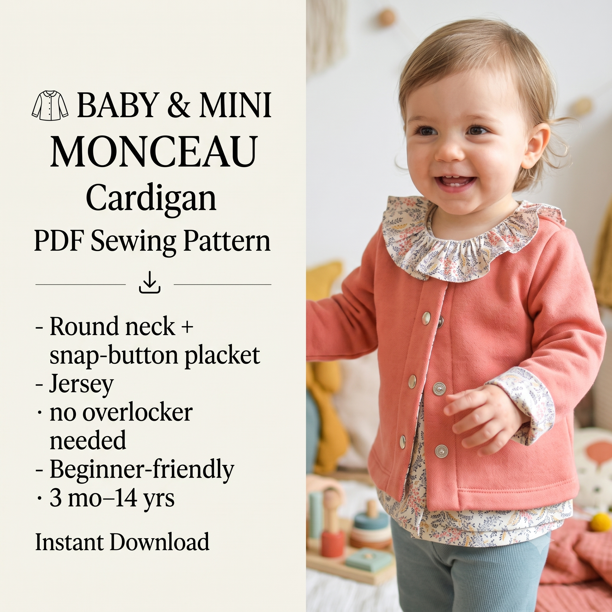 BABY & MINI MONCEAU Cardigan Sewing Pattern PDF, Kids Jersey Cardigan, Round Neck Snap Cardigan, No Overlocker, Ages 3 Months–14 Years