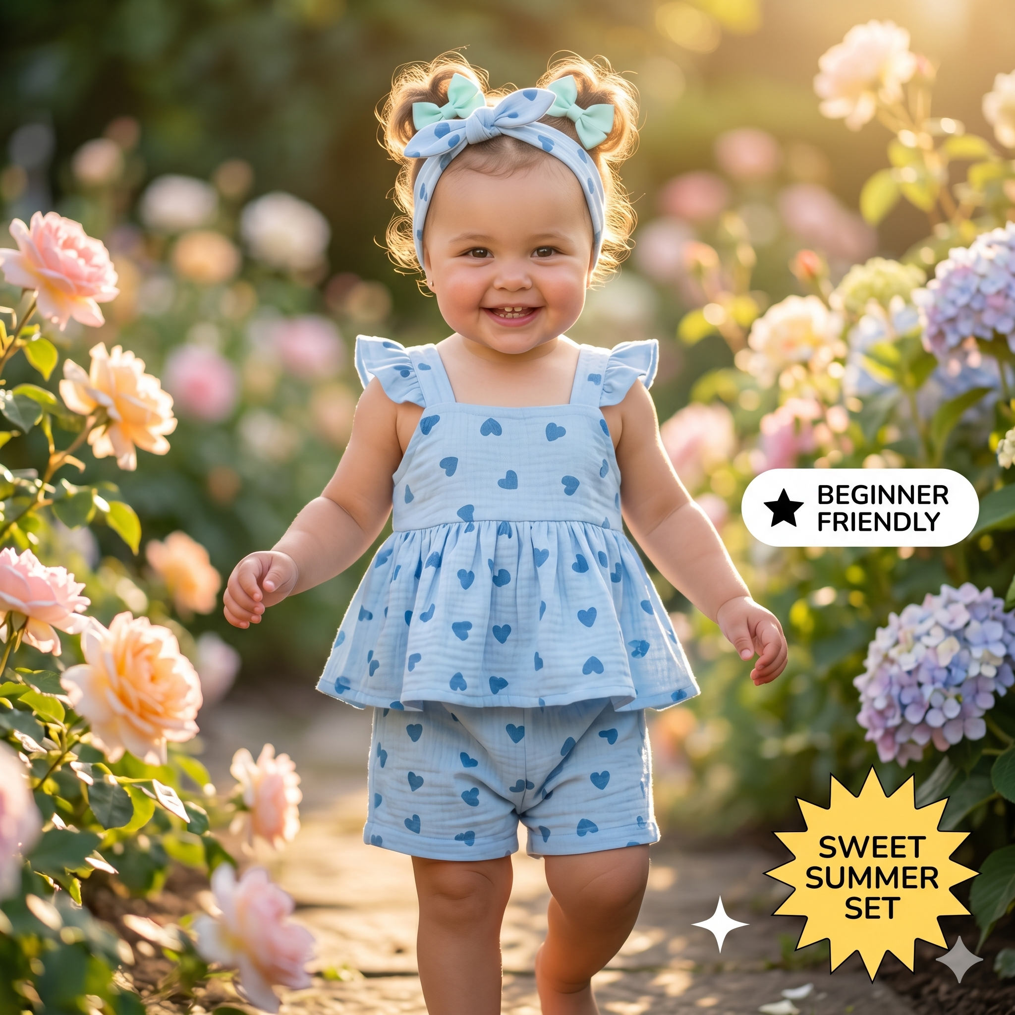 Baby Girl Heart Print Ruffle Peplum Top & Shorts Set – Instant Download PDF Sewing Pattern
