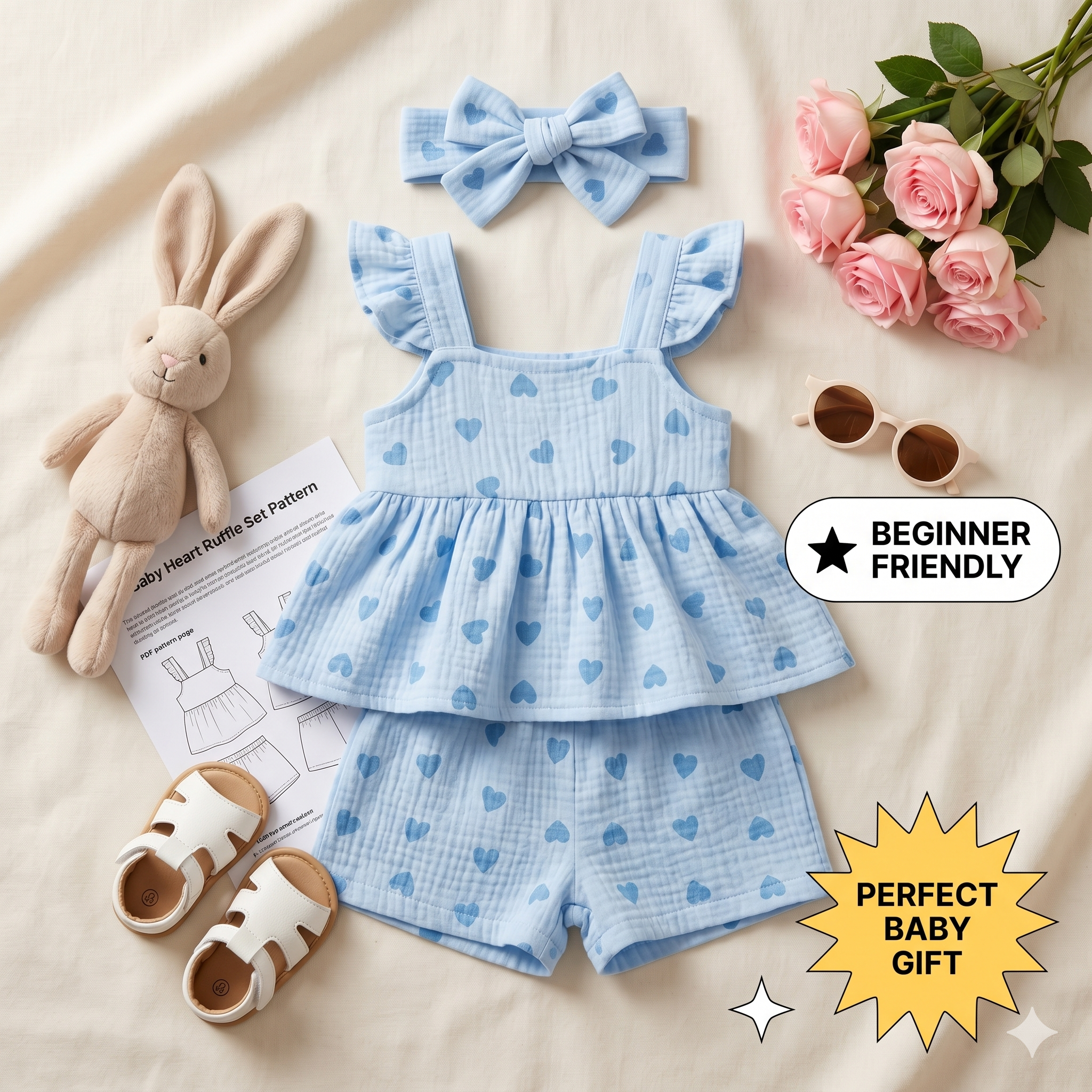 Baby Girl Heart Print Ruffle Peplum Top & Shorts Set – Instant Download PDF Sewing Pattern