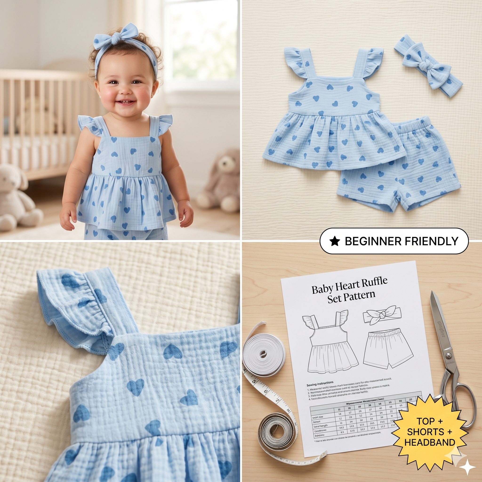 Baby Girl Heart Print Ruffle Peplum Top & Shorts Set – Instant Download PDF Sewing Pattern