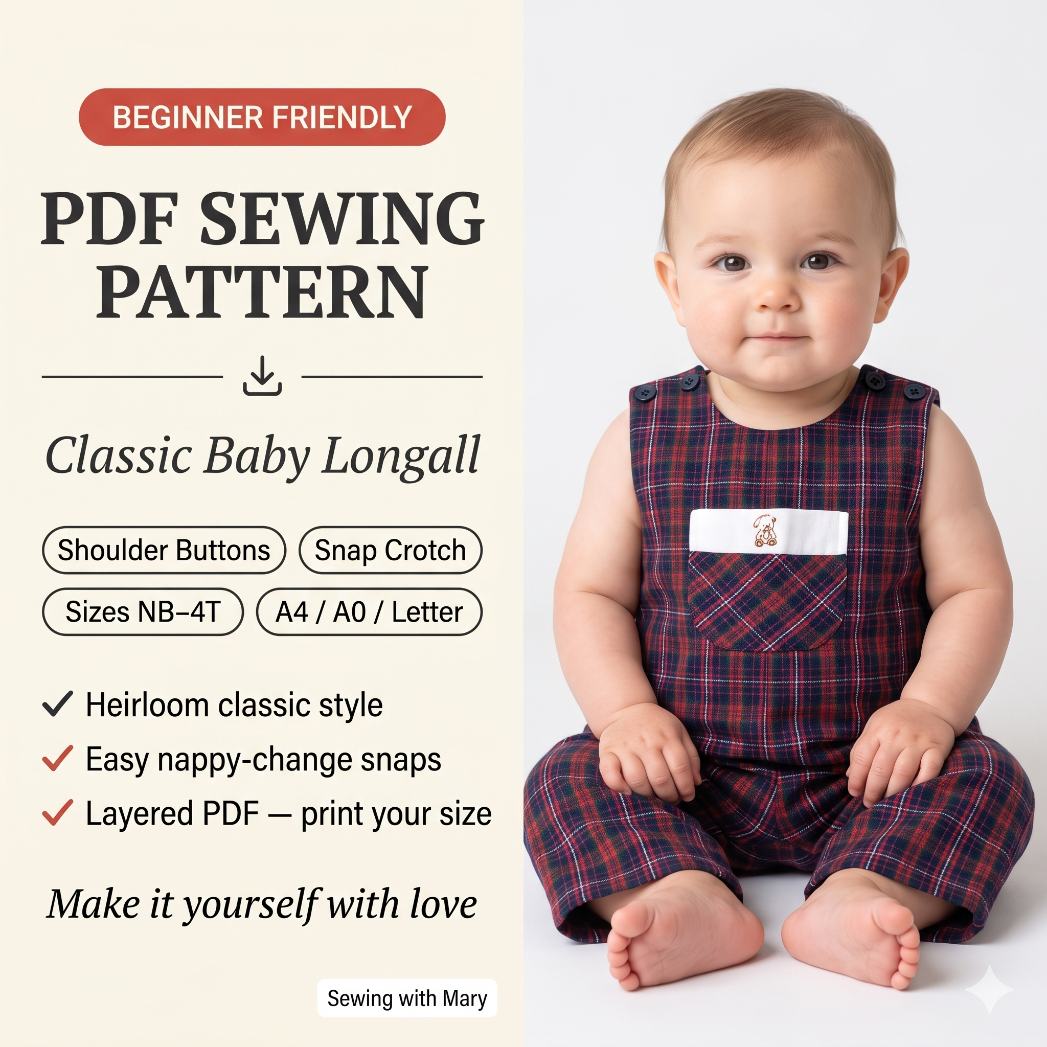 Baby Longall Romper โ Sewing Pattern (PDF) | Classic Shoulder-Button Overall NBโ4T