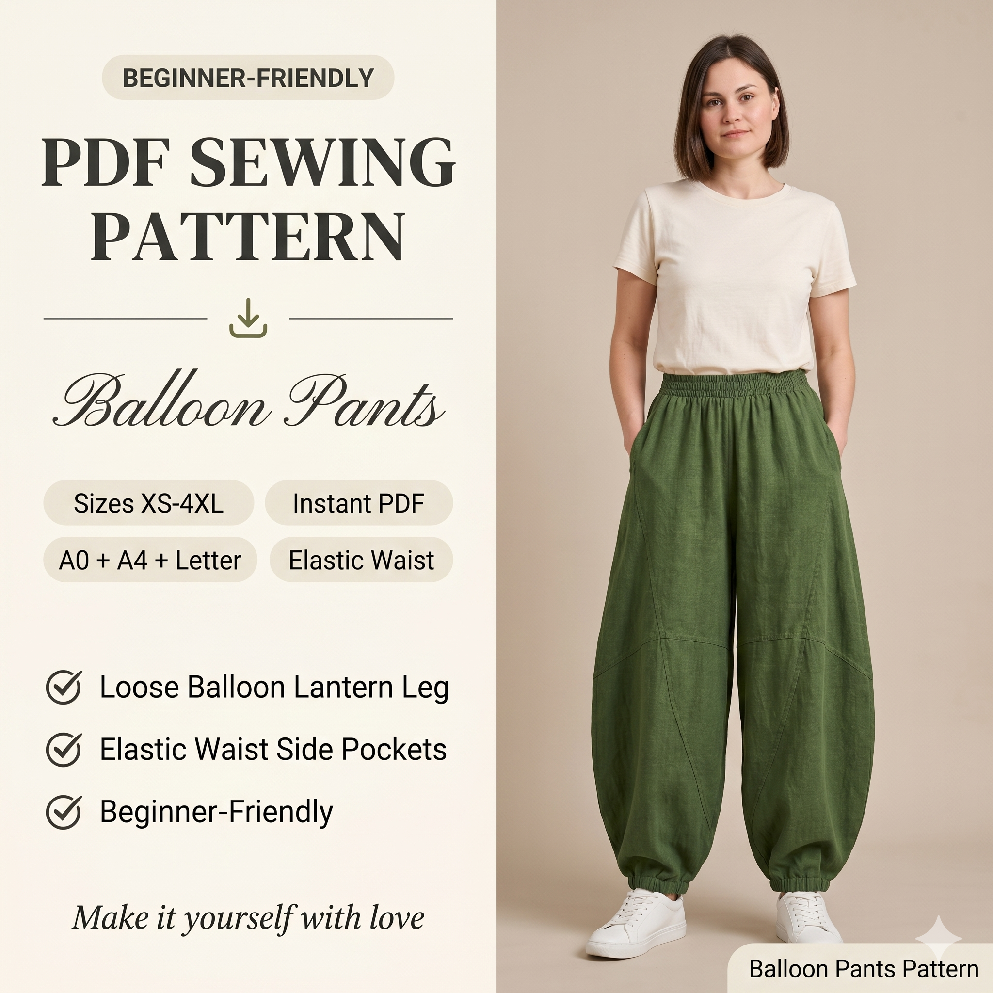 Women's Balloon Pants PDF Sewing Pattern | Loose Fit Lantern Trousers (Digital Download)