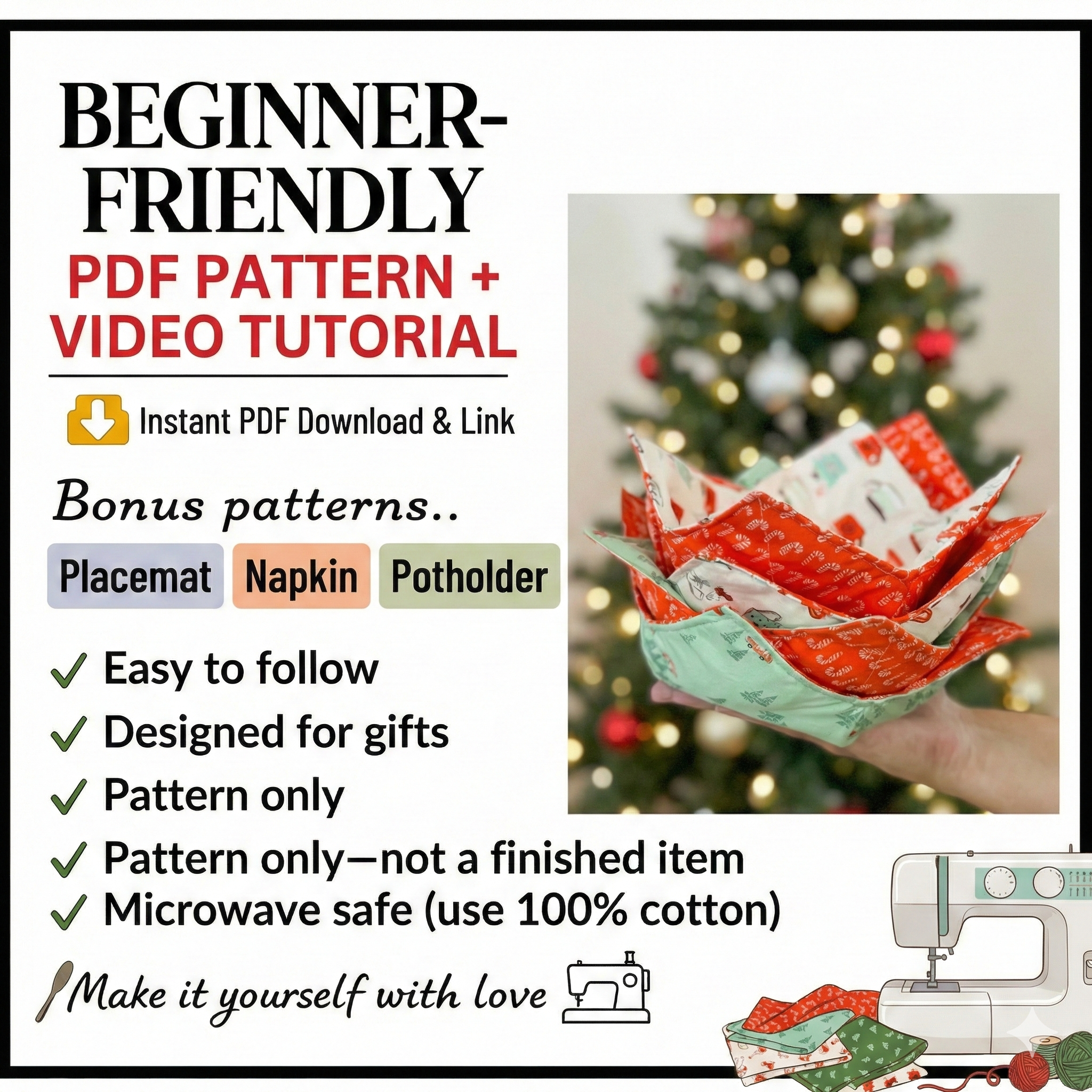 Bowl Cozy Sewing Pattern PDF – 2 Sizes – Easy Beginner DIY Gift with Video Tutorial