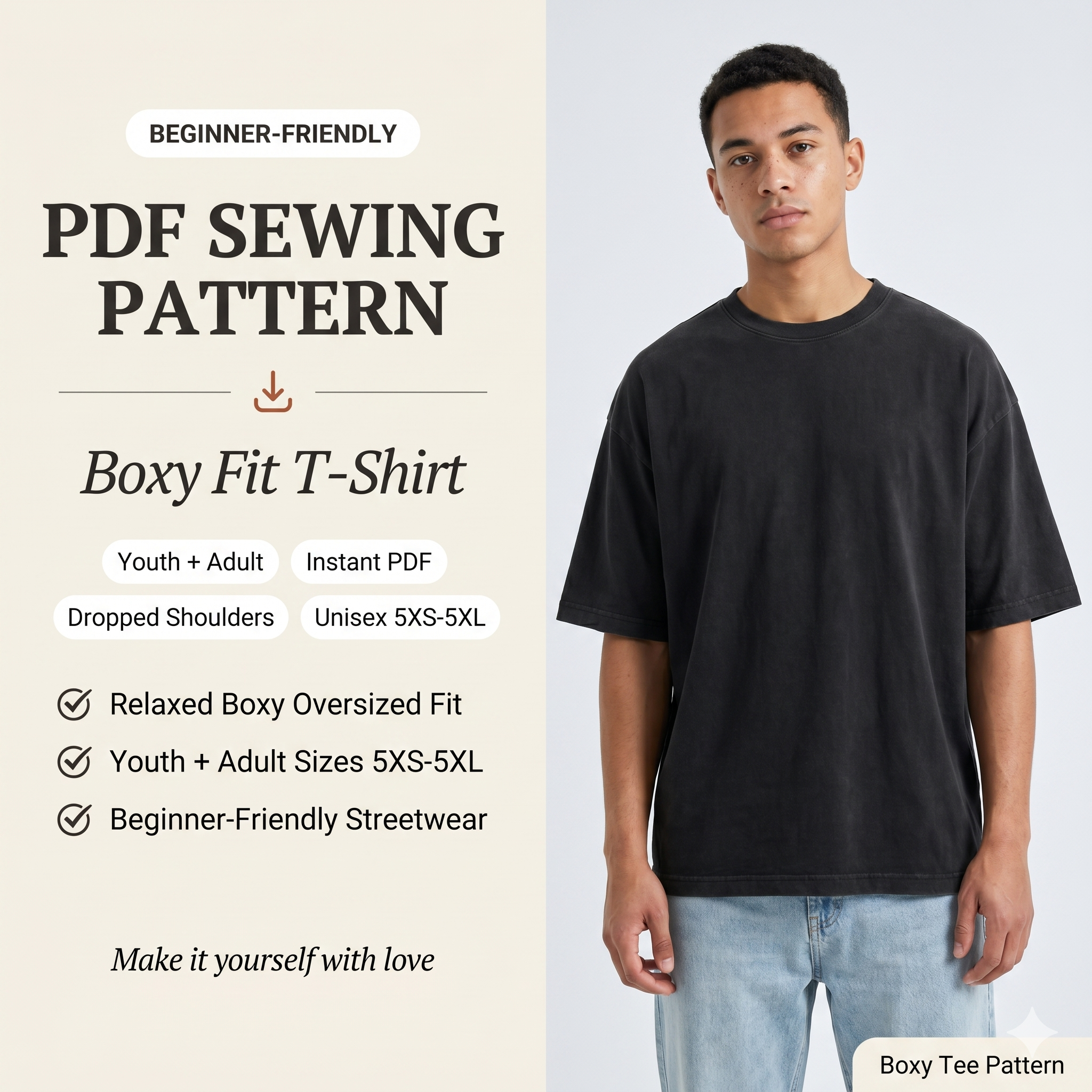 Boxy Fit T Shirt Sewing Pattern PDF, Unisex Oversized Tee Pattern, Youth & Adult Sizes 5XSโ5XL, A4 Digital Download, Beginner Friendly