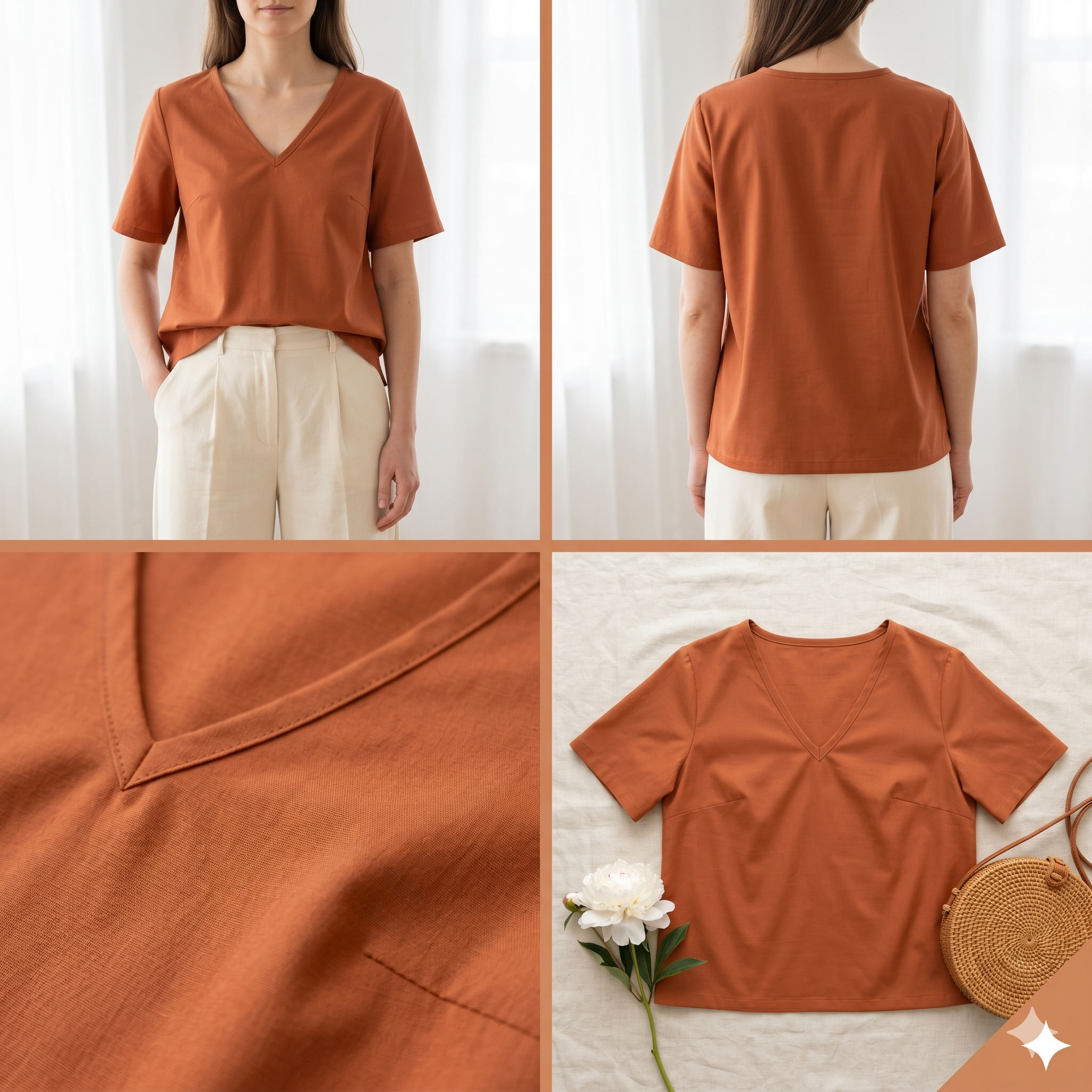 V-Neck Blouse Sewing Pattern PDF: Bust Darts, XS-4XL (A4/US Letter Instant Download)