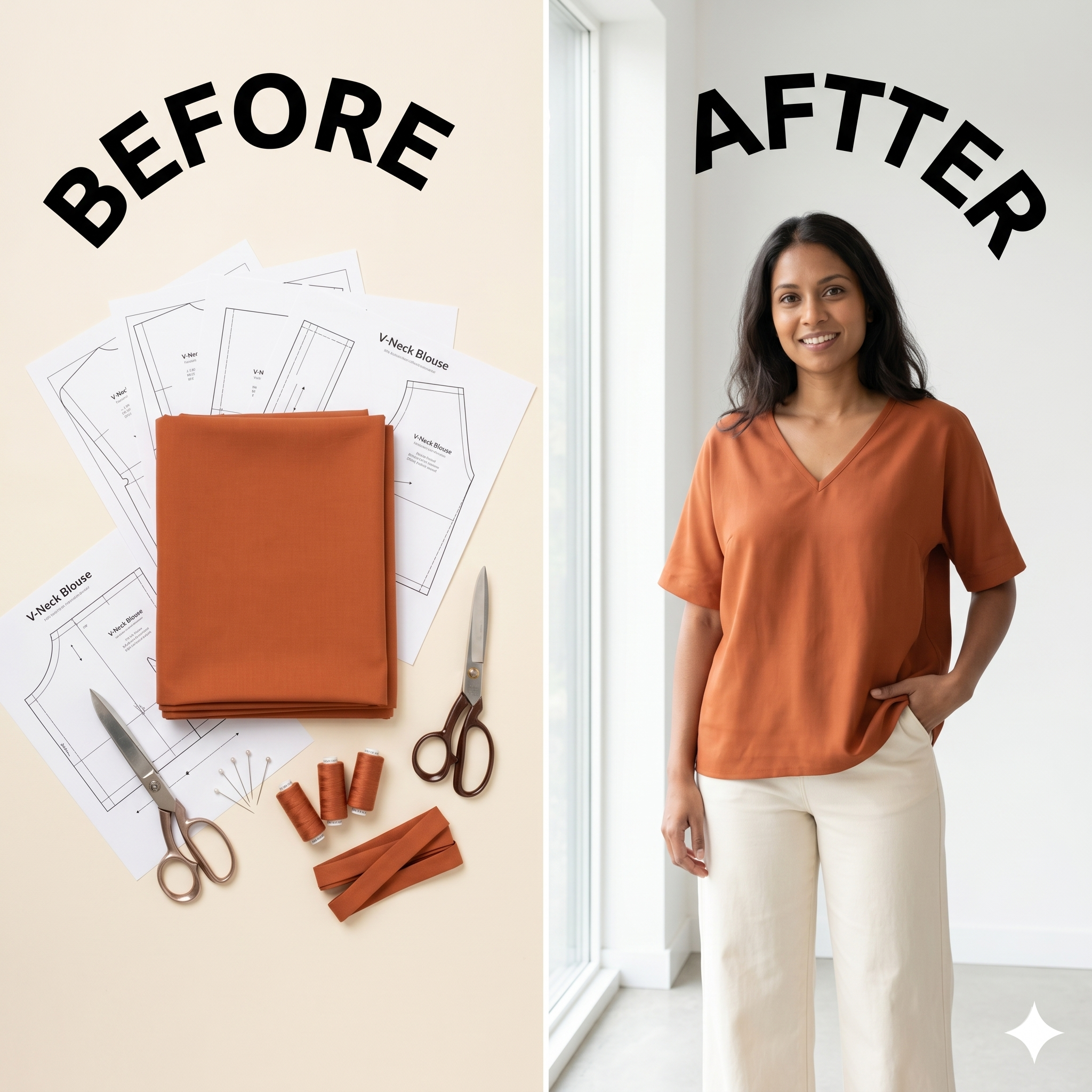 V-Neck Blouse Sewing Pattern PDF: Bust Darts, XS-4XL (A4/US Letter Instant Download)