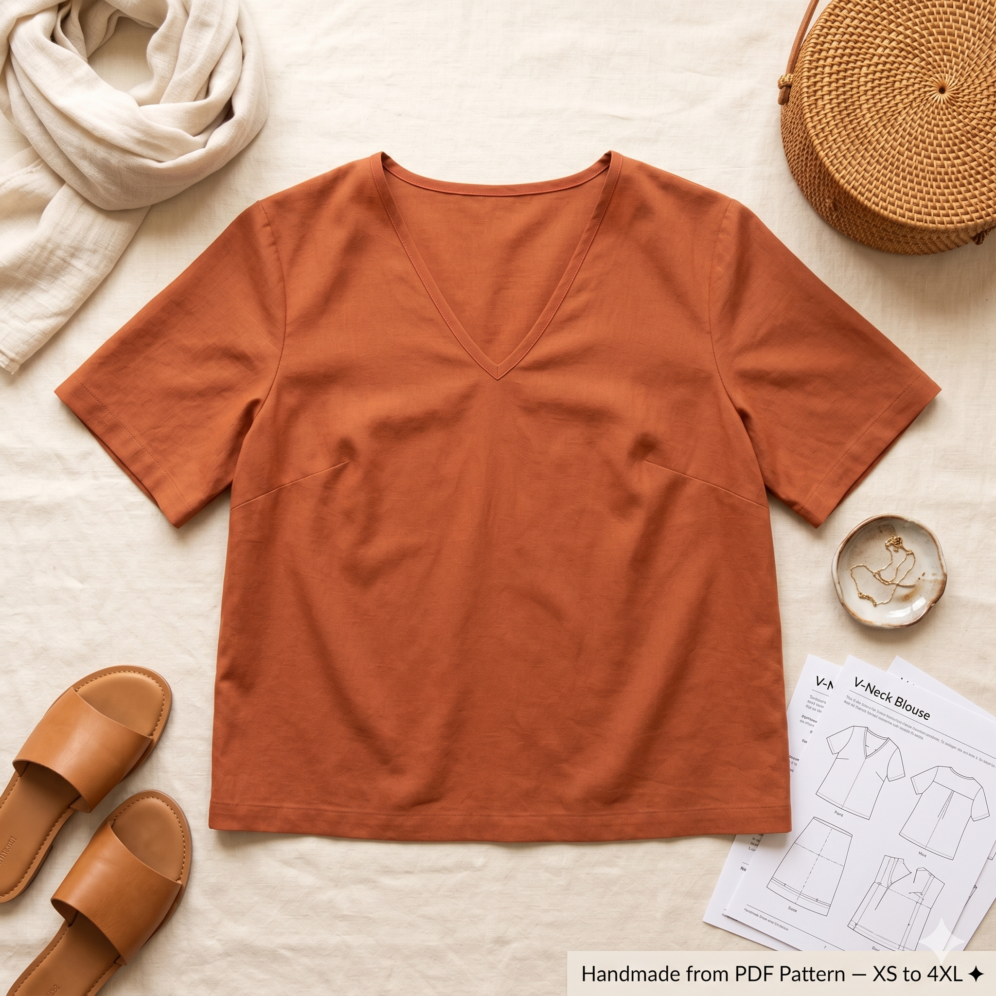 V-Neck Blouse Sewing Pattern PDF: Bust Darts, XS-4XL (A4/US Letter Instant Download)
