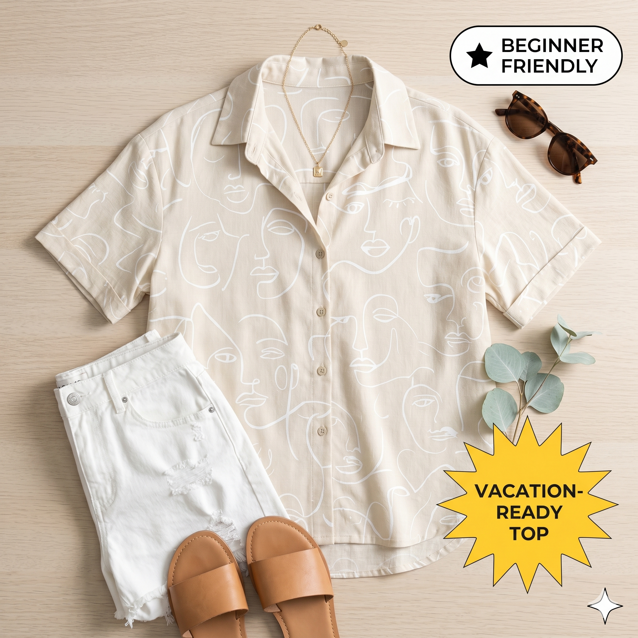 Women's Summer Shirt Sewing Pattern: PDF Short Sleeve Button Down - Oversized Aesthetic Blouse