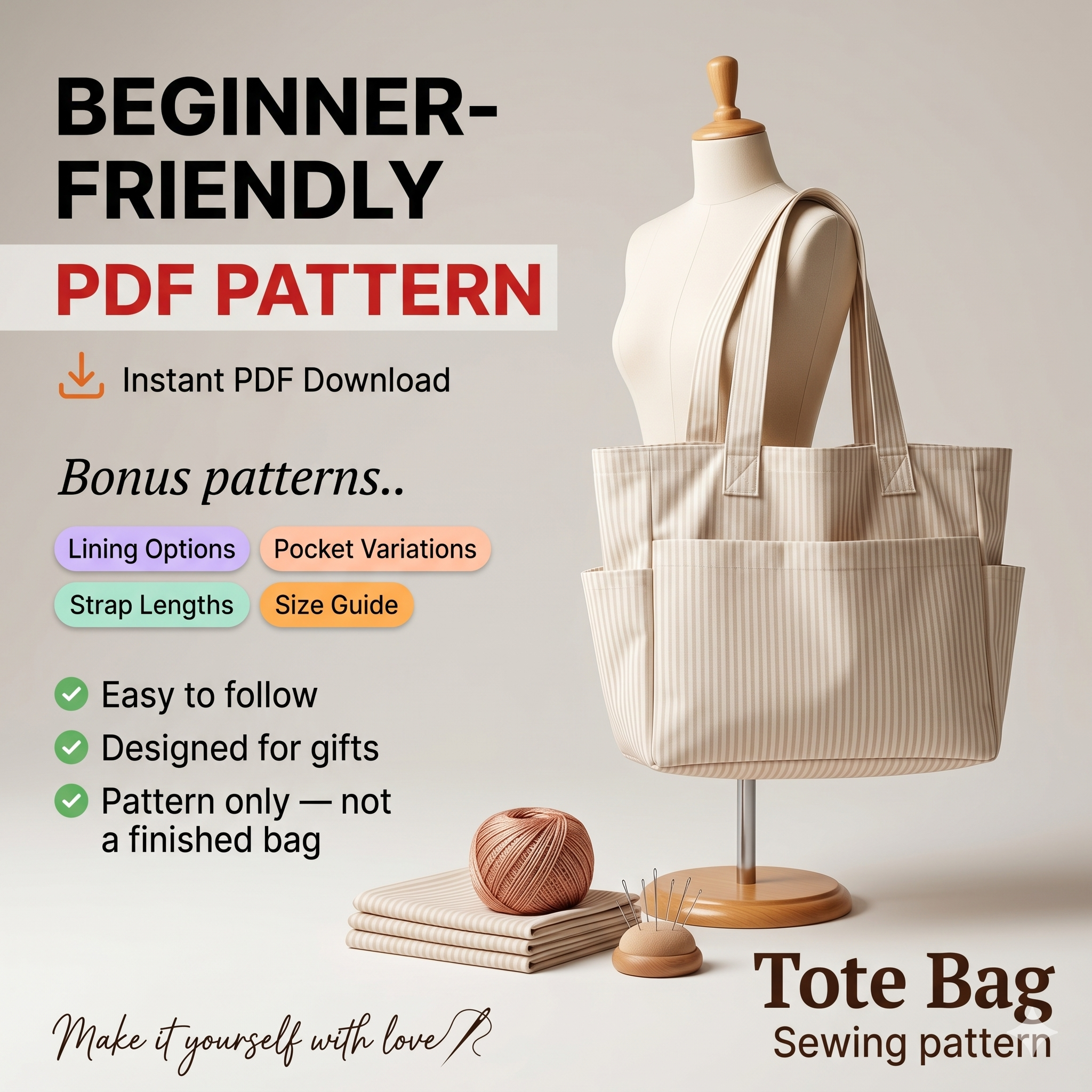 Tote Bag Sewing Pattern PDF | Canvas shopper bag | Beginner Friendly PDF Template (A4/Letter)