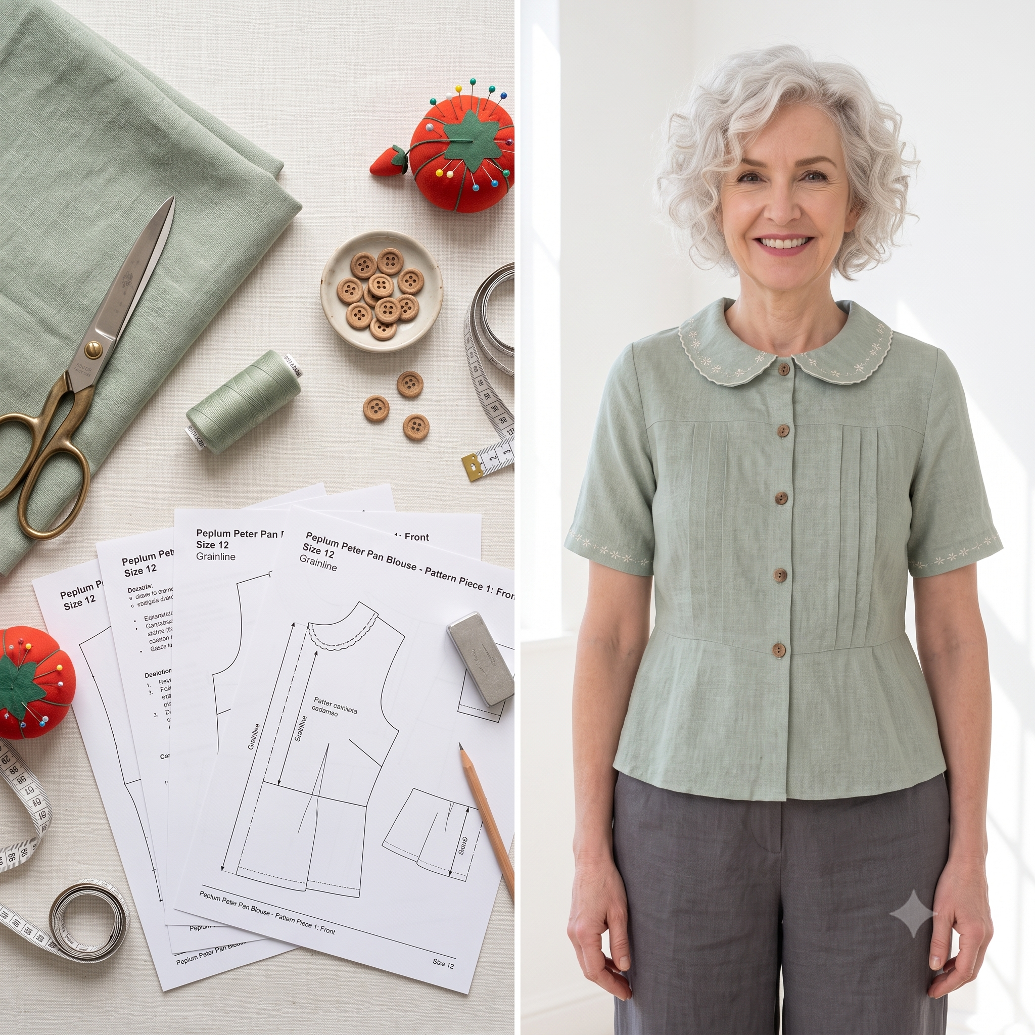 Pleated Peter Pan Collar Top โ Sewing Pattern (PDF) | Vintage Semi-Fitted Blouse