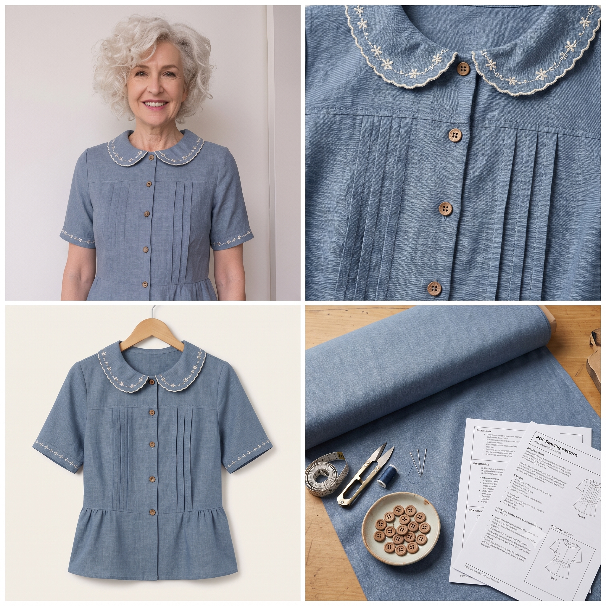 Pleated Peter Pan Collar Top โ Sewing Pattern (PDF) | Vintage Semi-Fitted Blouse