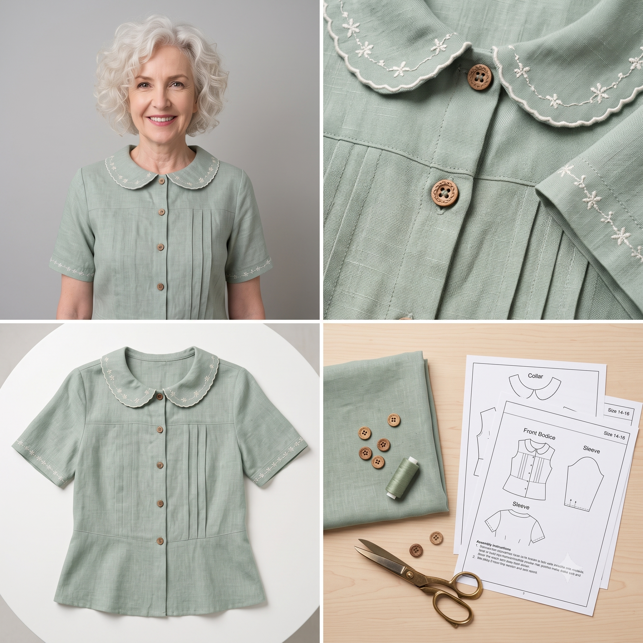 Pleated Peter Pan Collar Top โ Sewing Pattern (PDF) | Vintage Semi-Fitted Blouse