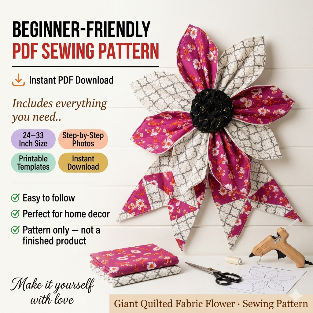 DIY Big Quilted Fabric Flower Bow Pattern, Large Patchwork Bow Sewing PDF, Front door Handmade Giant Fabric Bow Pattern Decoration