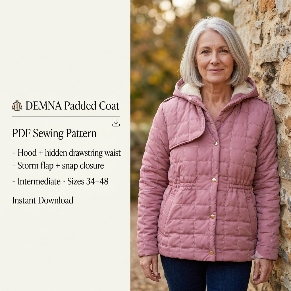 DEMNA Padded Coat Sewing Pattern PDF, Puffer Style Coat, Hooded Winter Jacket, Drawstring Waist, Raglan Pockets, Intermediate, Sizes 34–48