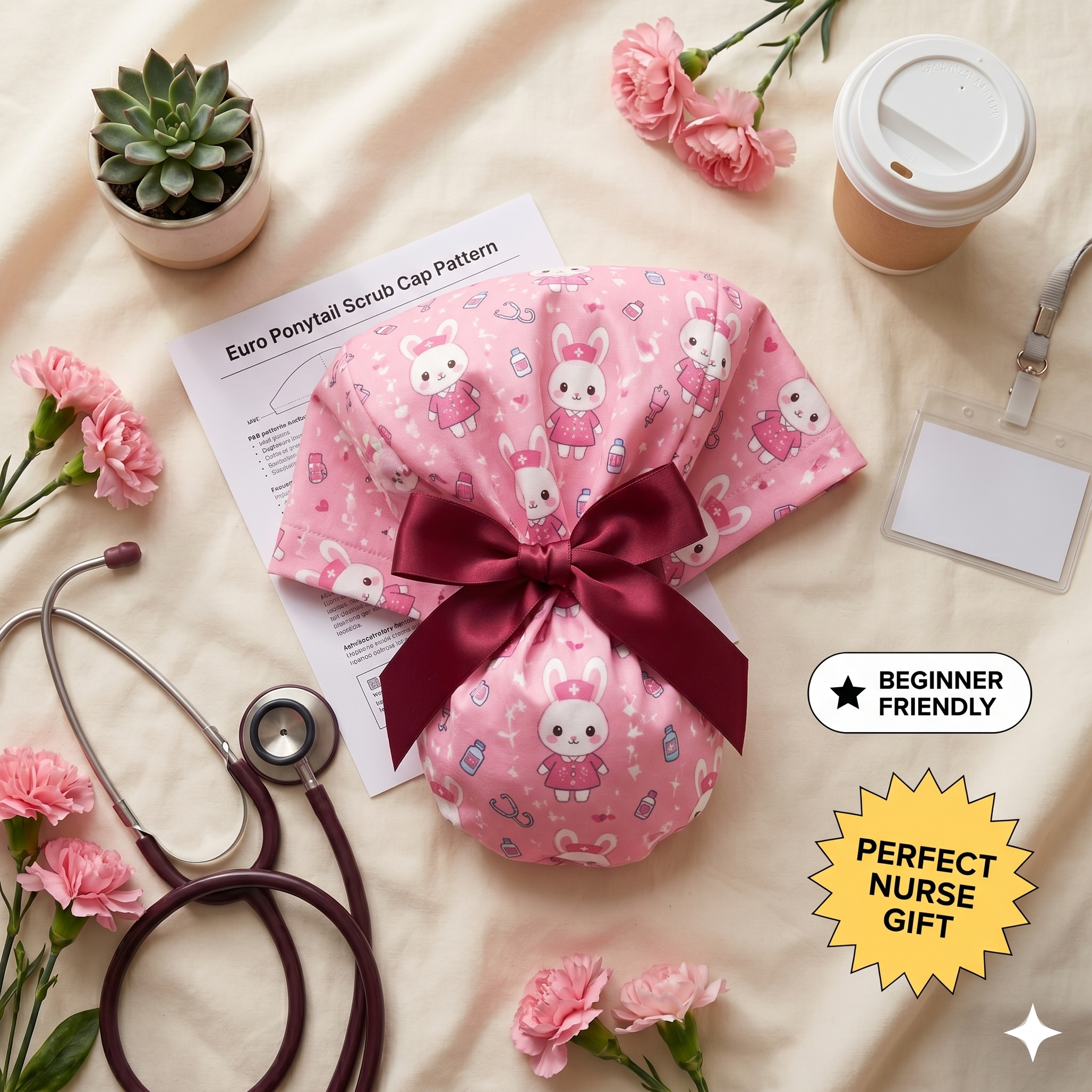 Euro Style Ponytail Scrub Cap Sewing Pattern PDF, Nurse Scrub Hat, Surgical Cap, Video Tutorial