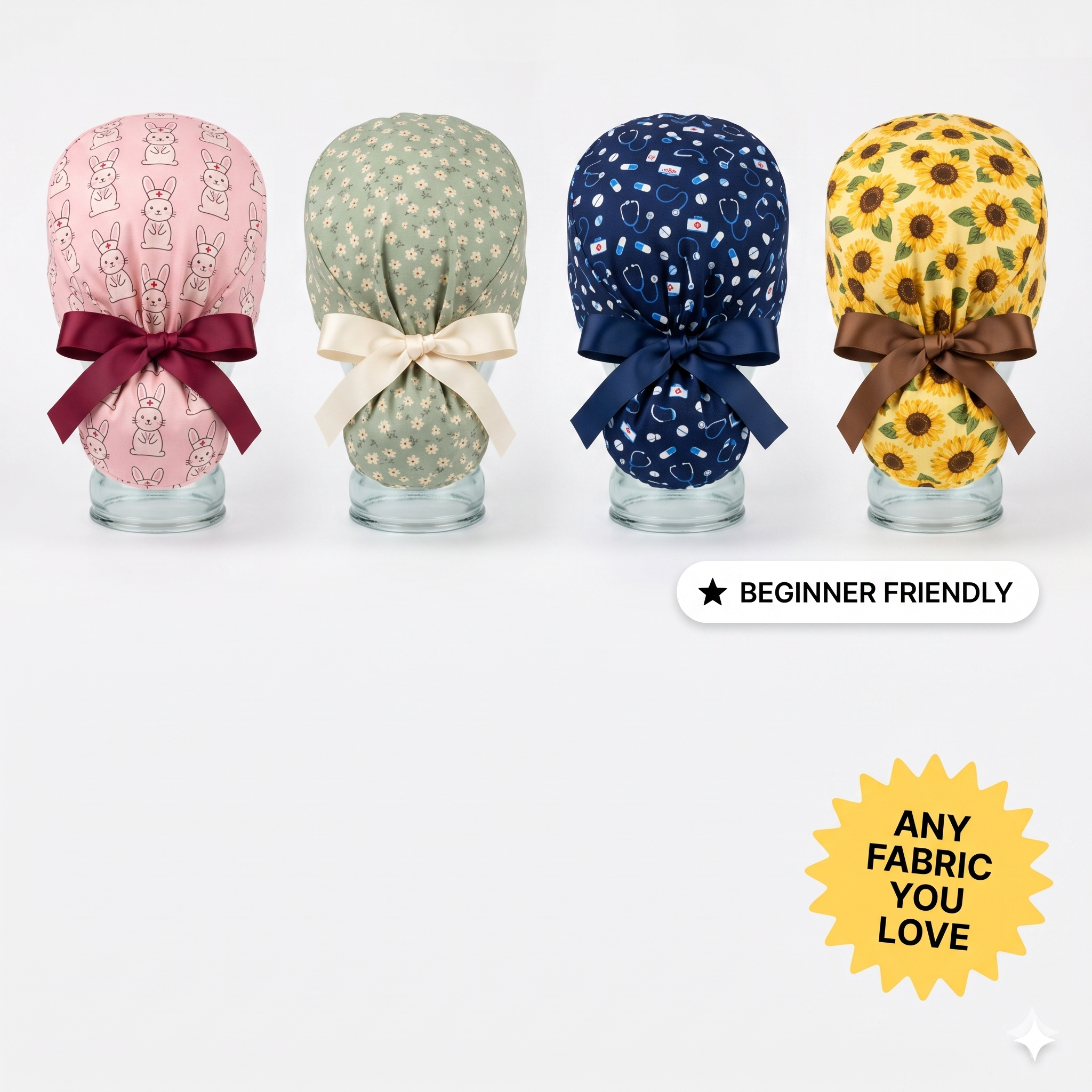 Euro Style Ponytail Scrub Cap Sewing Pattern PDF, Nurse Scrub Hat, Surgical Cap, Video Tutorial