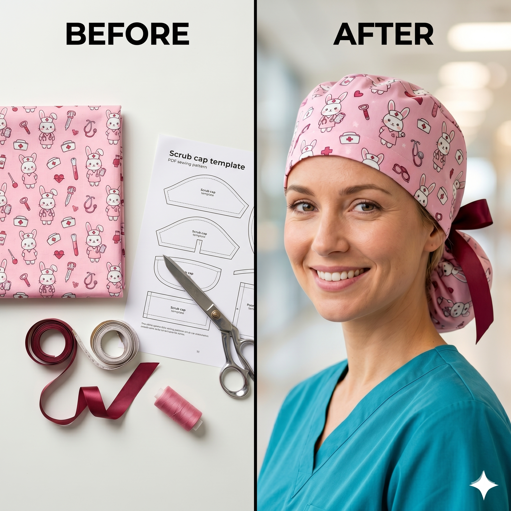 Euro Style Ponytail Scrub Cap Sewing Pattern PDF, Nurse Scrub Hat, Surgical Cap, Video Tutorial