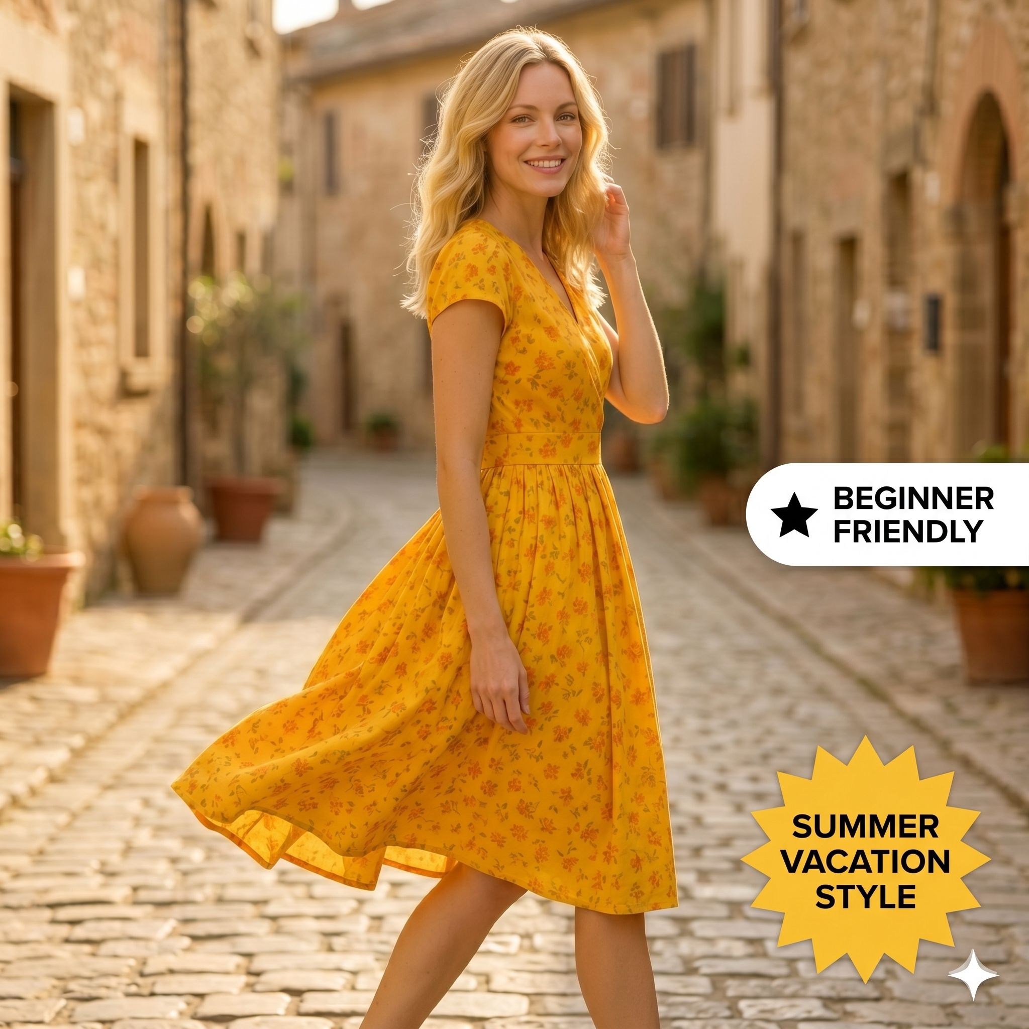 Floral Midi Dress Sewing Pattern: A-Line Summer Dress (XS-4XL) (Digital Download)