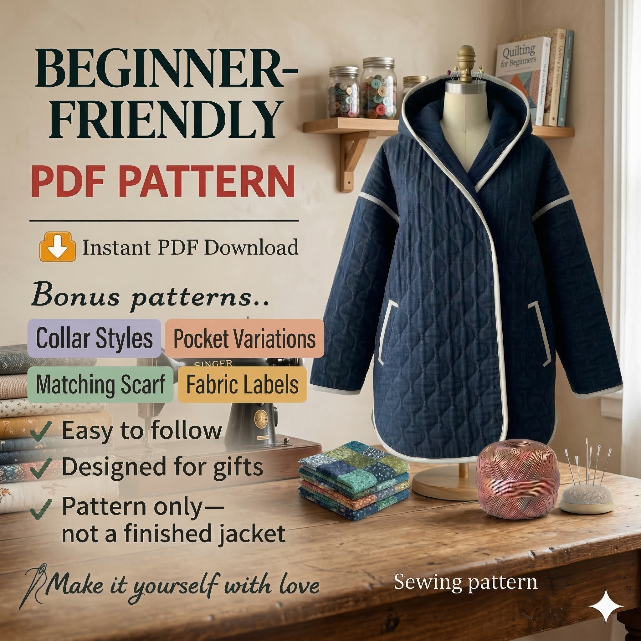 Florence Quilt Coat Beginner Sewing Pattern | Sizes XXS-4XL | Jacket Cardigan | Long Coat | INSTANT DOWNLOAD