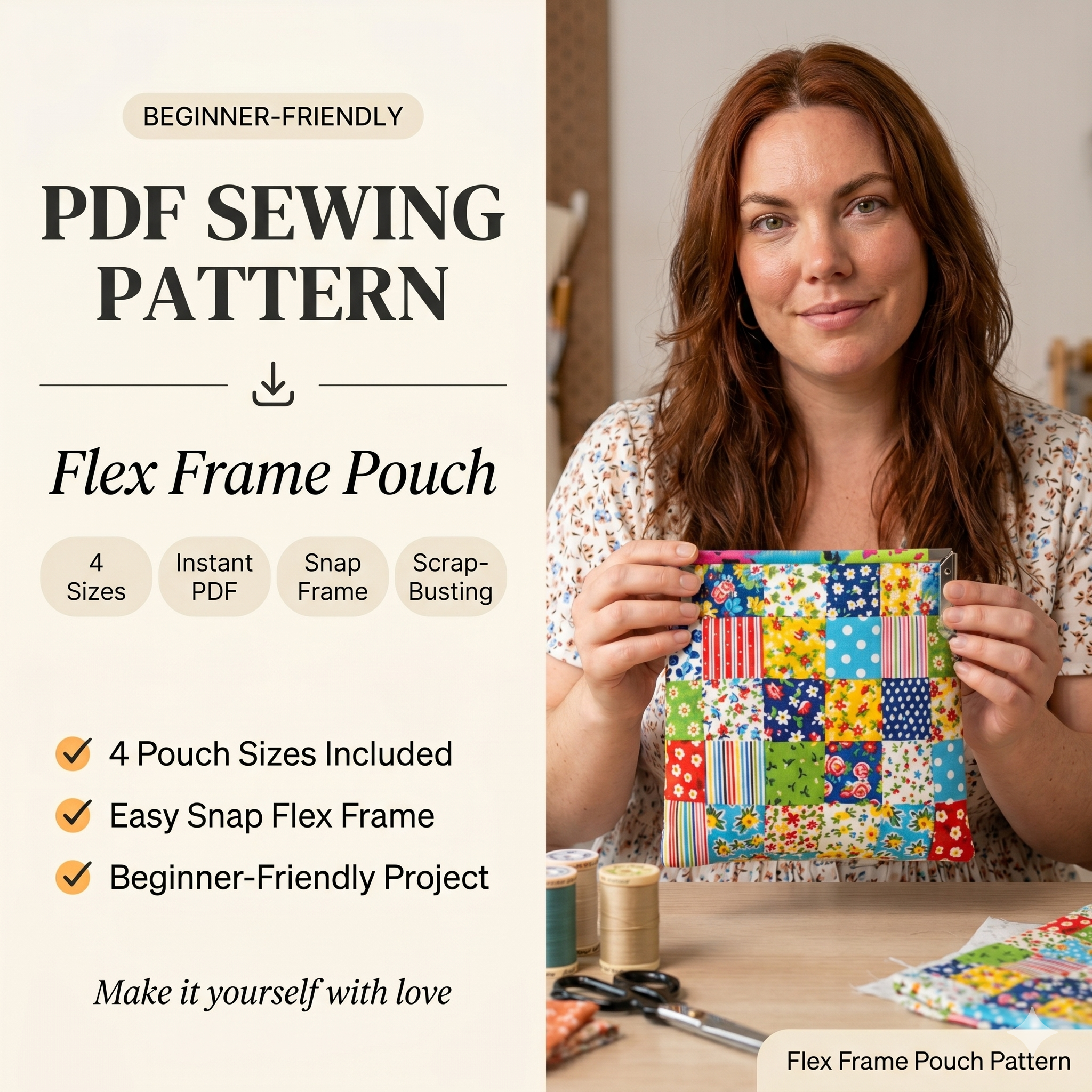 Flex Frame Pouch Sewing Pattern PDF โ 4 Sizes, Easy Snap Pouch, Coin Purse, Glasses Case