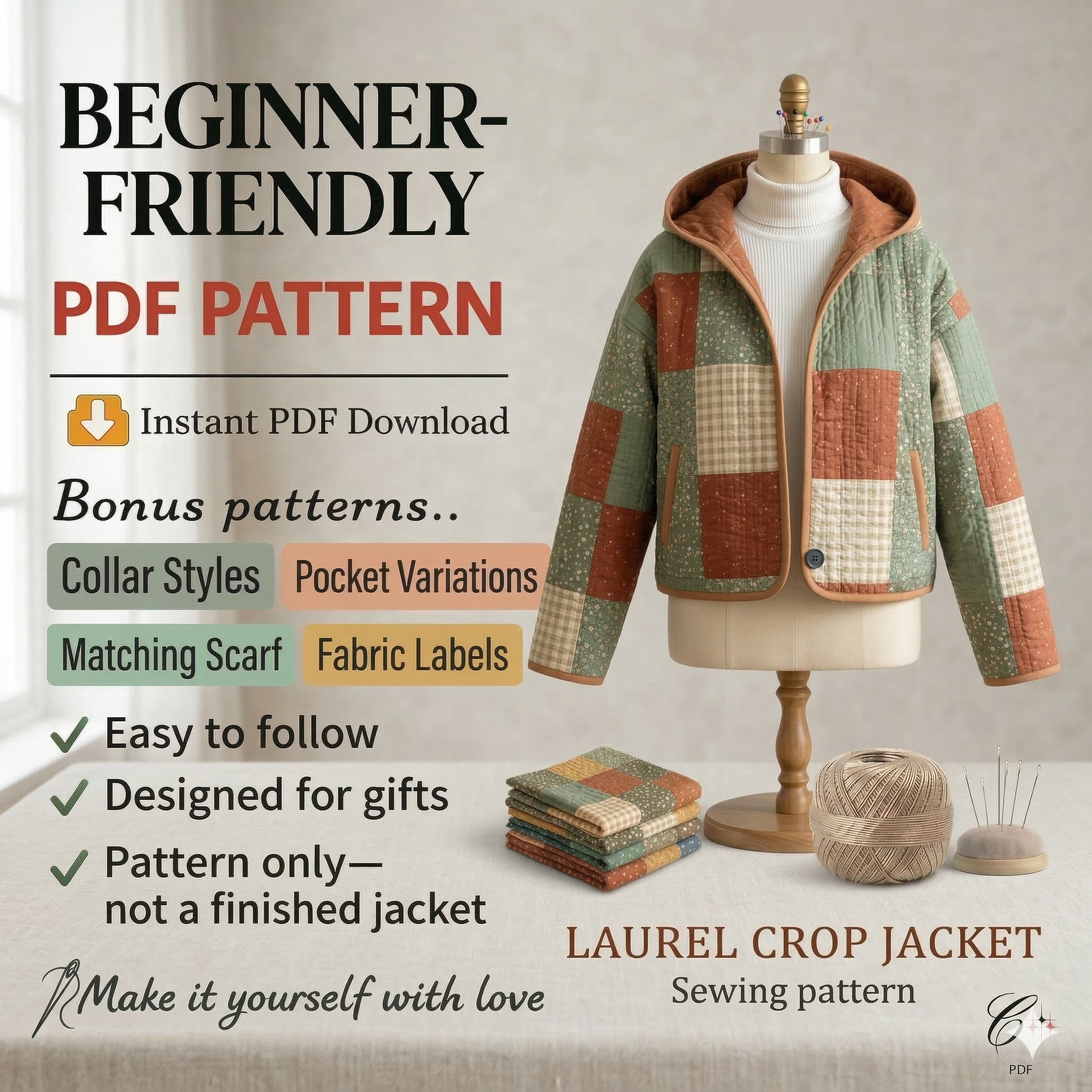 Laurel Crop Jacket Sewing Pattern | Beginner Friendly, Sizes XXS-4XL (Instant Download)