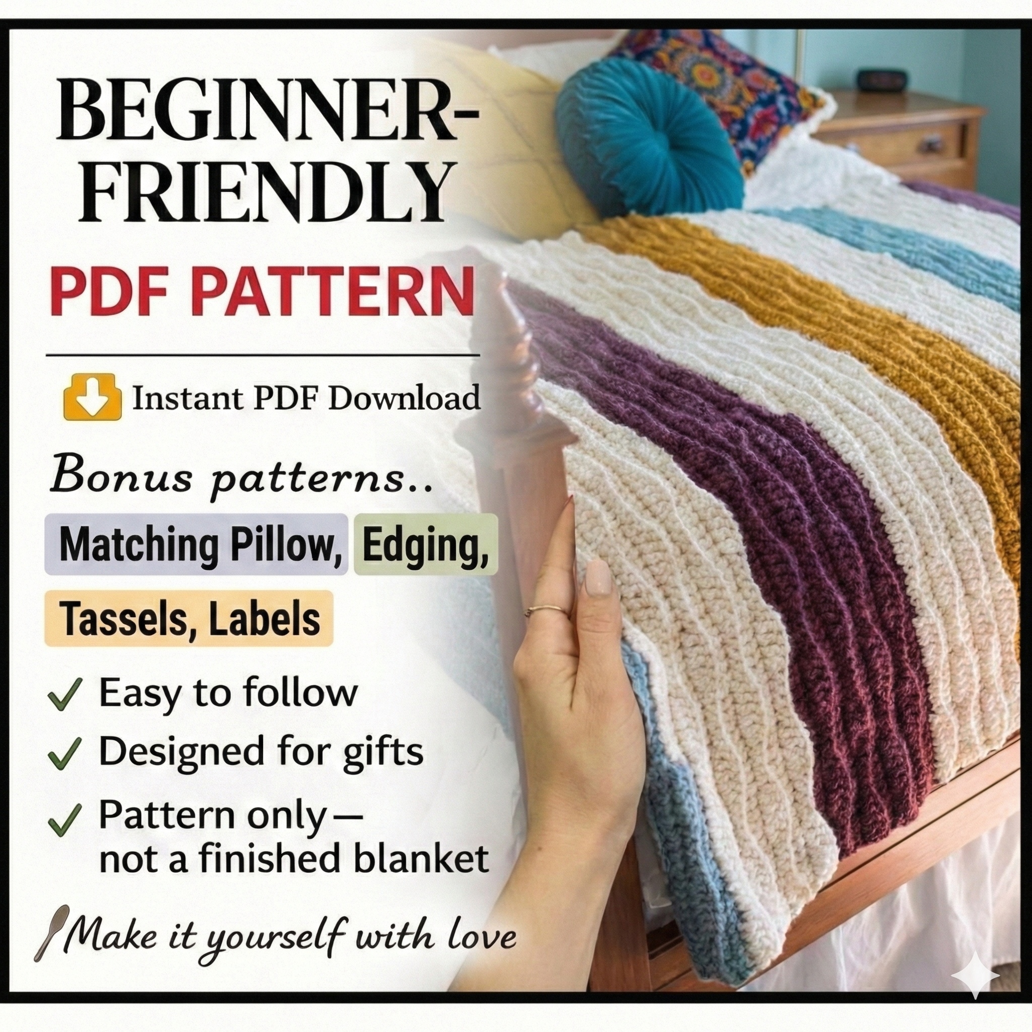 CROCHET PATTERN & Photo tutorial / Modern Crochet Blanket / The Chunky Waves Throw / Easy Crochet Afghan/ PDF Download