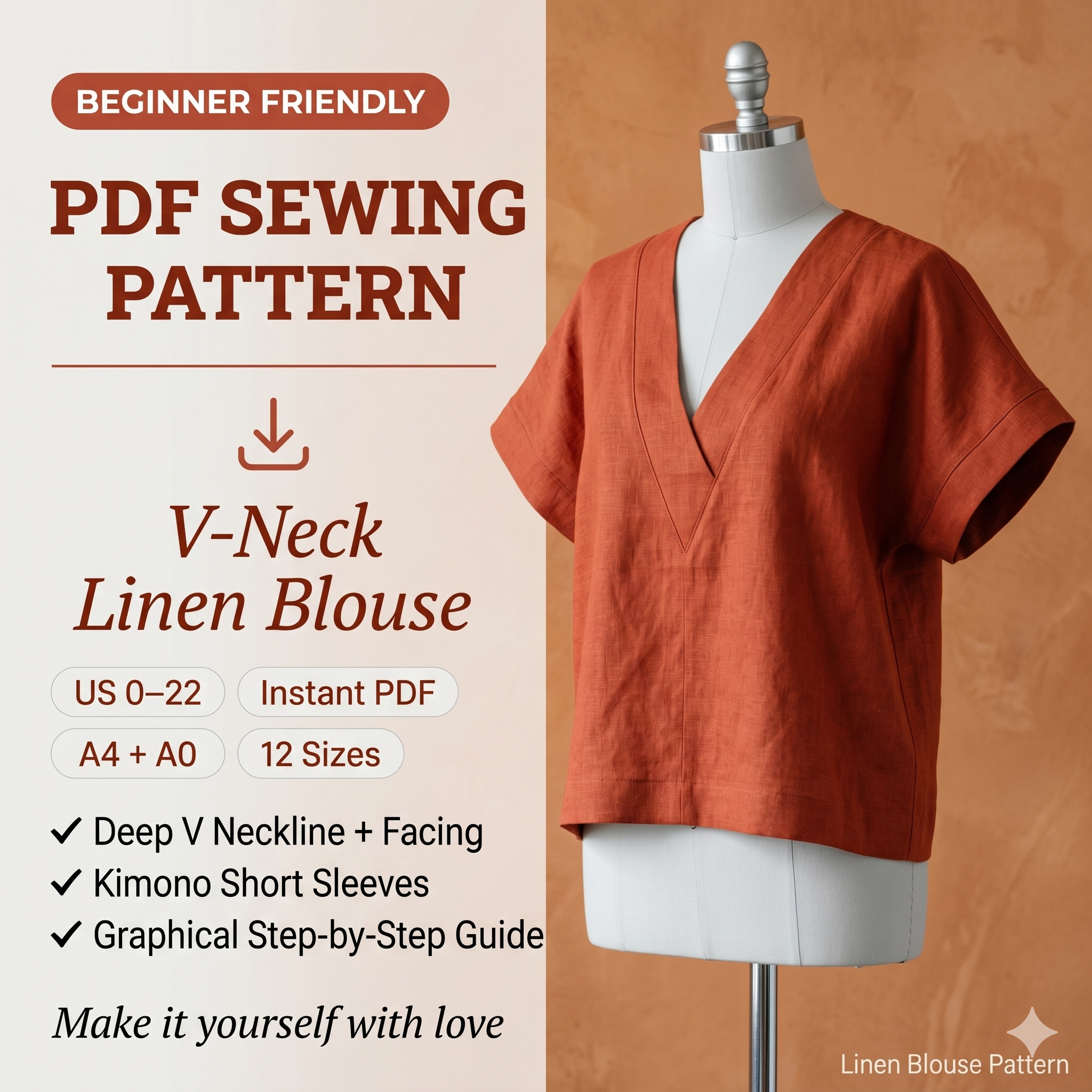 Linen Blouse Sewing Pattern PDF, V Neck Top Pattern, Loose Fit Summer Shirt, Minimalist Linen Top Pattern Sizes 0–22