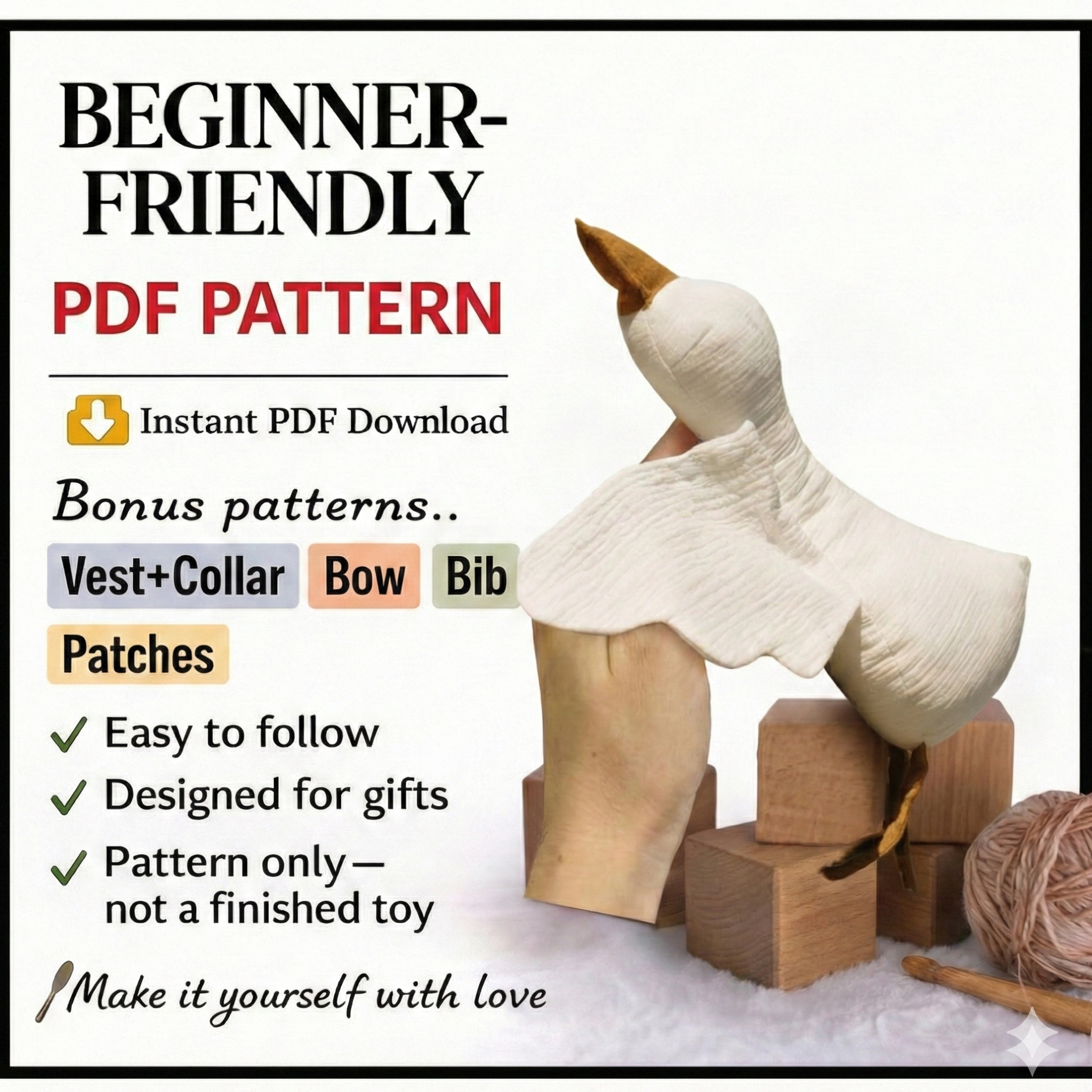 Goose Soft Toy Sewing Pattern, instant download PDF format, step by step photo tutorial included