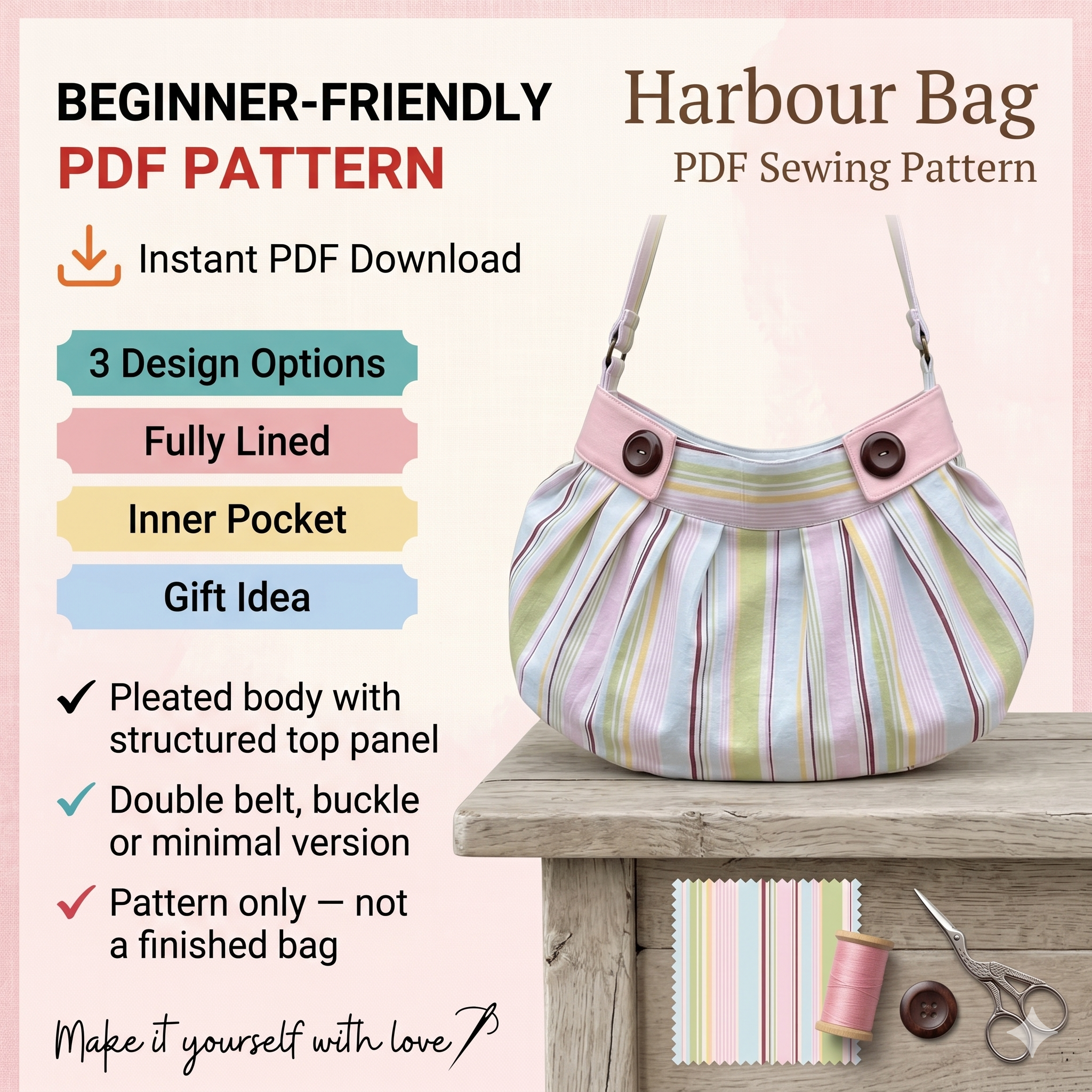 Harbour Bag Sewing Pattern | Pleated Shoulder Bag | Button Closure (Digital PDF)