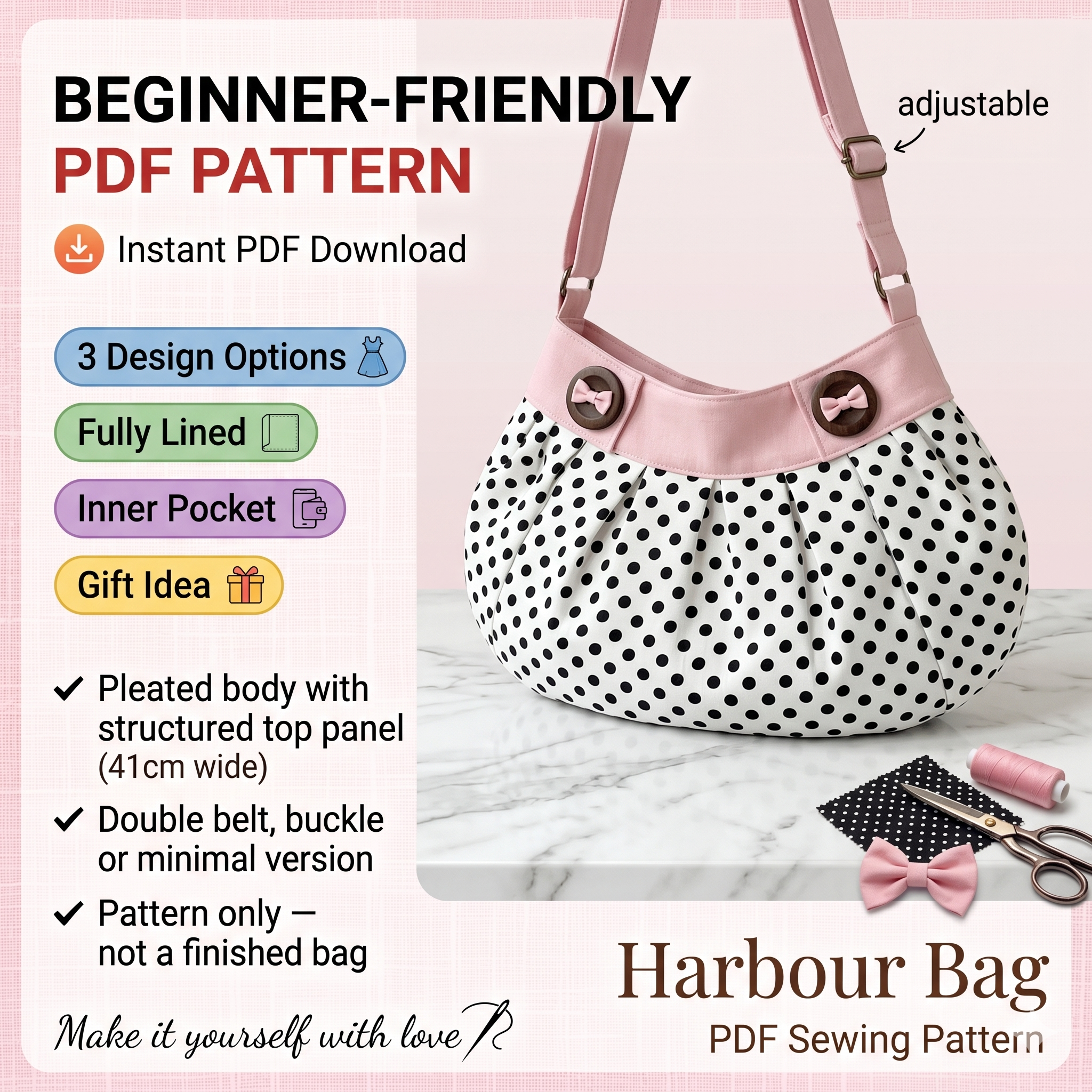 Harbour Bag Sewing Pattern | Pleated Shoulder Bag | Button Closure (Digital PDF)