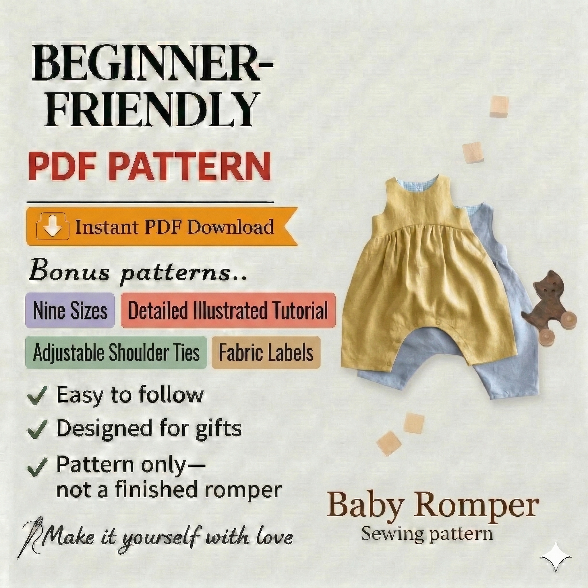 Harem Romper PDF Sewing Pattern, Baby Romper Sewing Pattern, Woven Romper Pattern, Billow Romper, Jumpsuit Pattern, Dungaree Pattern
