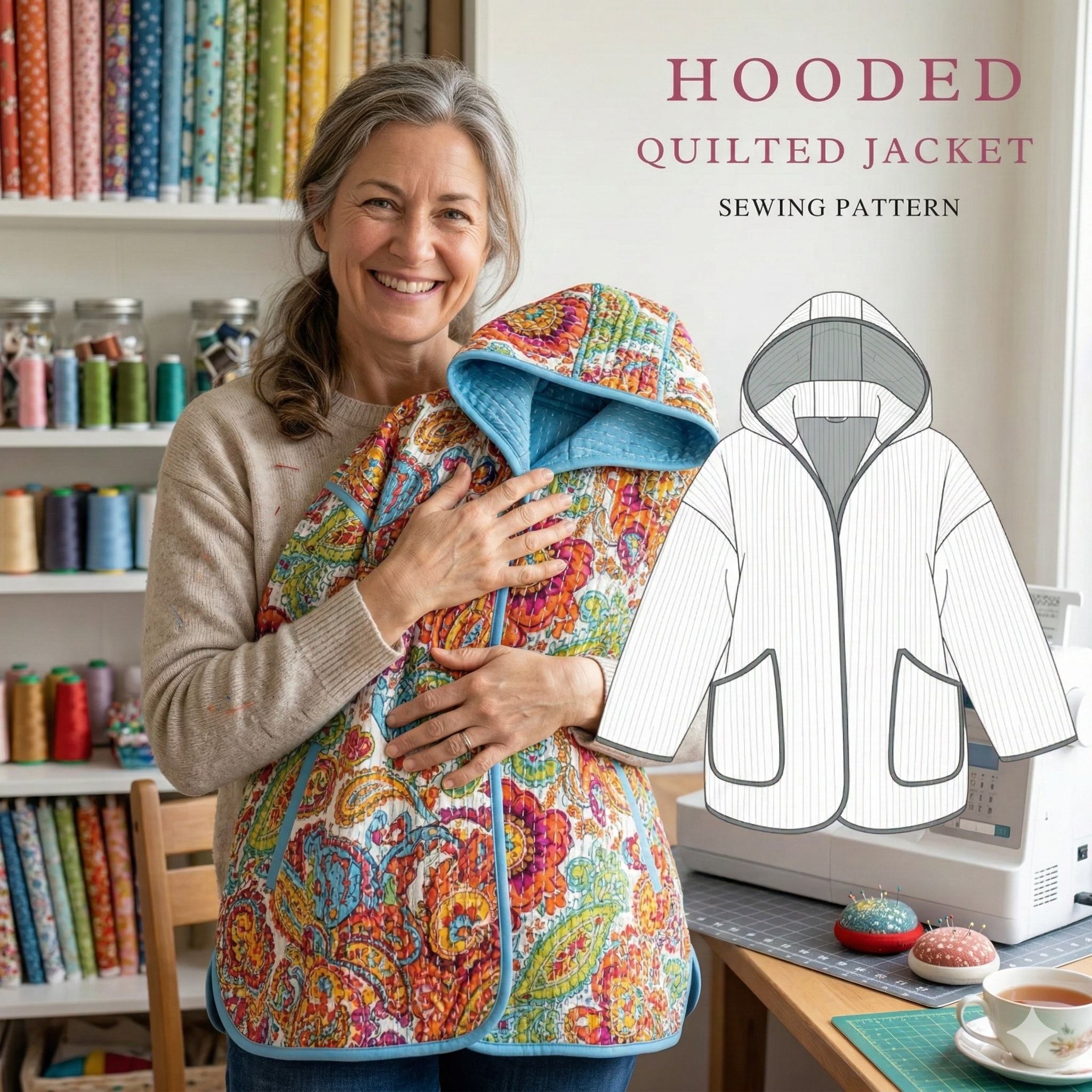 Hooded Quilted Jacket Sewing Pattern | Beginner friendly | Sizes XXS-4XL (Instant Download)