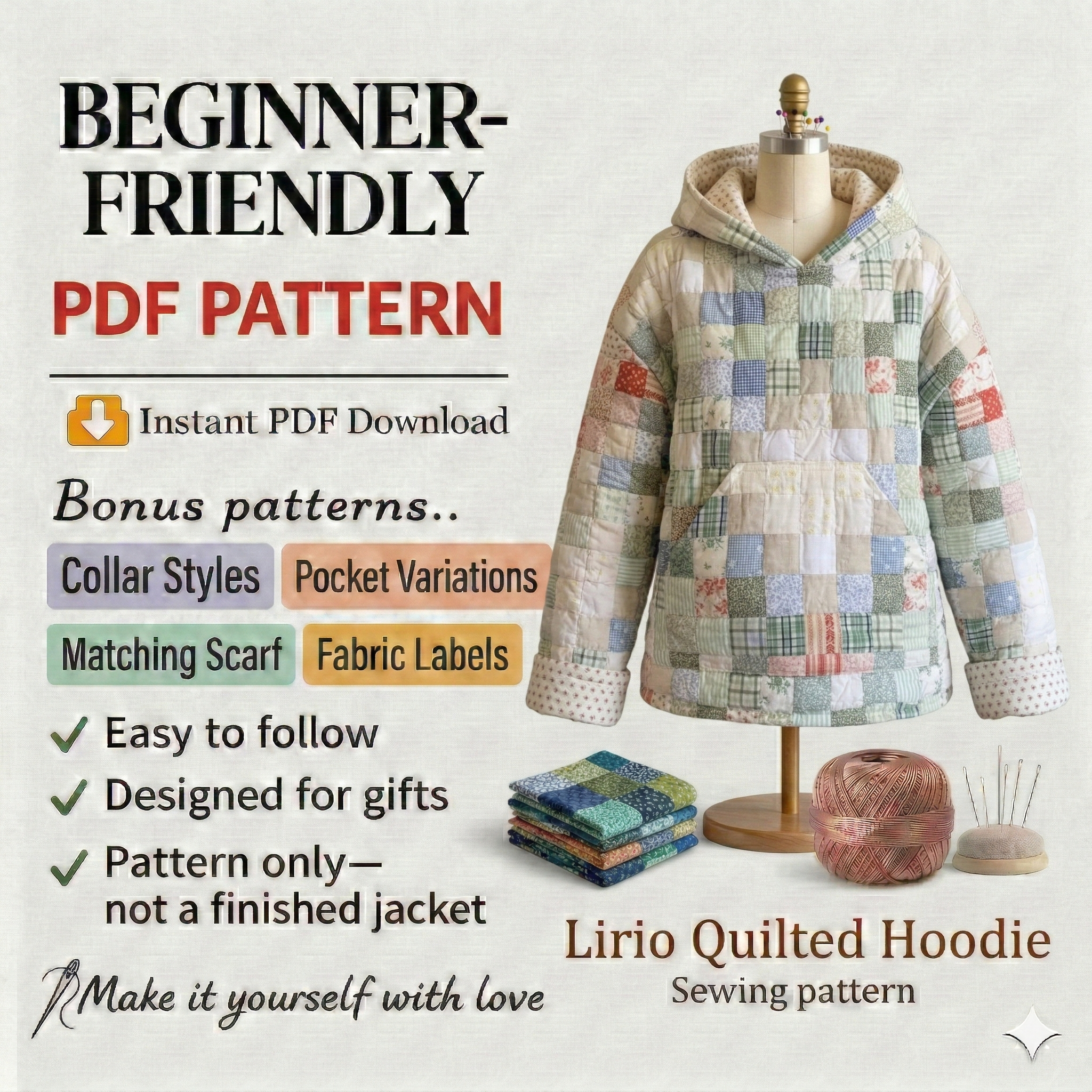 Quilt Hoodie PDF Sewing Pattern | Beginner Friendly | Sizes XS-S, M-L, L-XL | Instruction Booklet | Quilt Hoodie | Women’s Hoodie Pattern