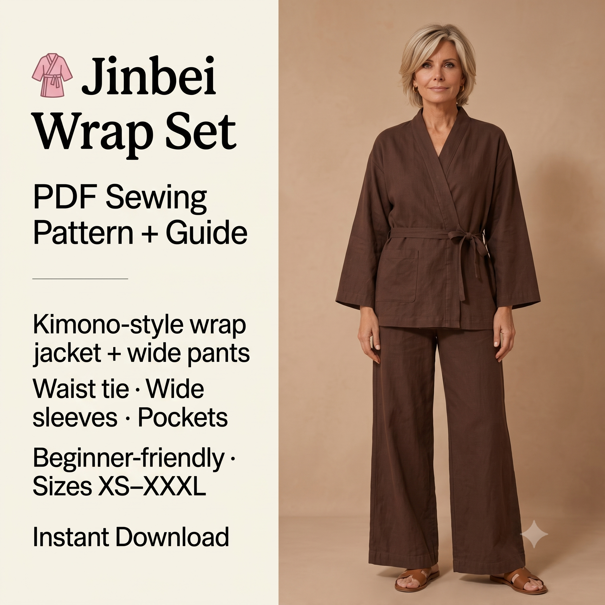 Jinbei Sewing Pattern PDF, Japanese Robe Pattern, Kimono Style Wrap Jacket, Easy Beginner Pattern, Instant Download, Women Sewing Pattern, XS–XXXL