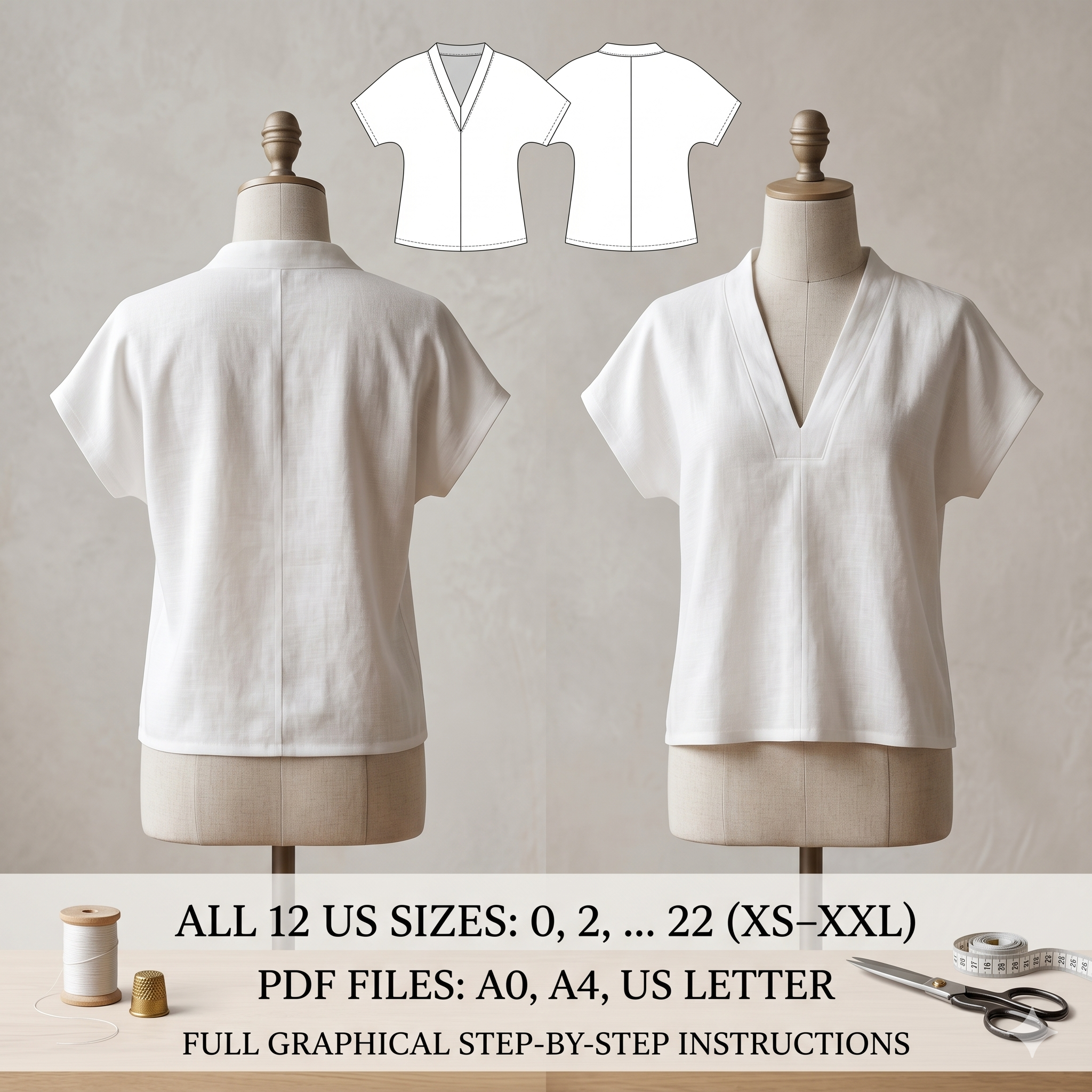 Linen Blouse Sewing Pattern PDF, V Neck Top Pattern, Loose Fit Summer Shirt, Minimalist Linen Top Pattern Sizes 0–22