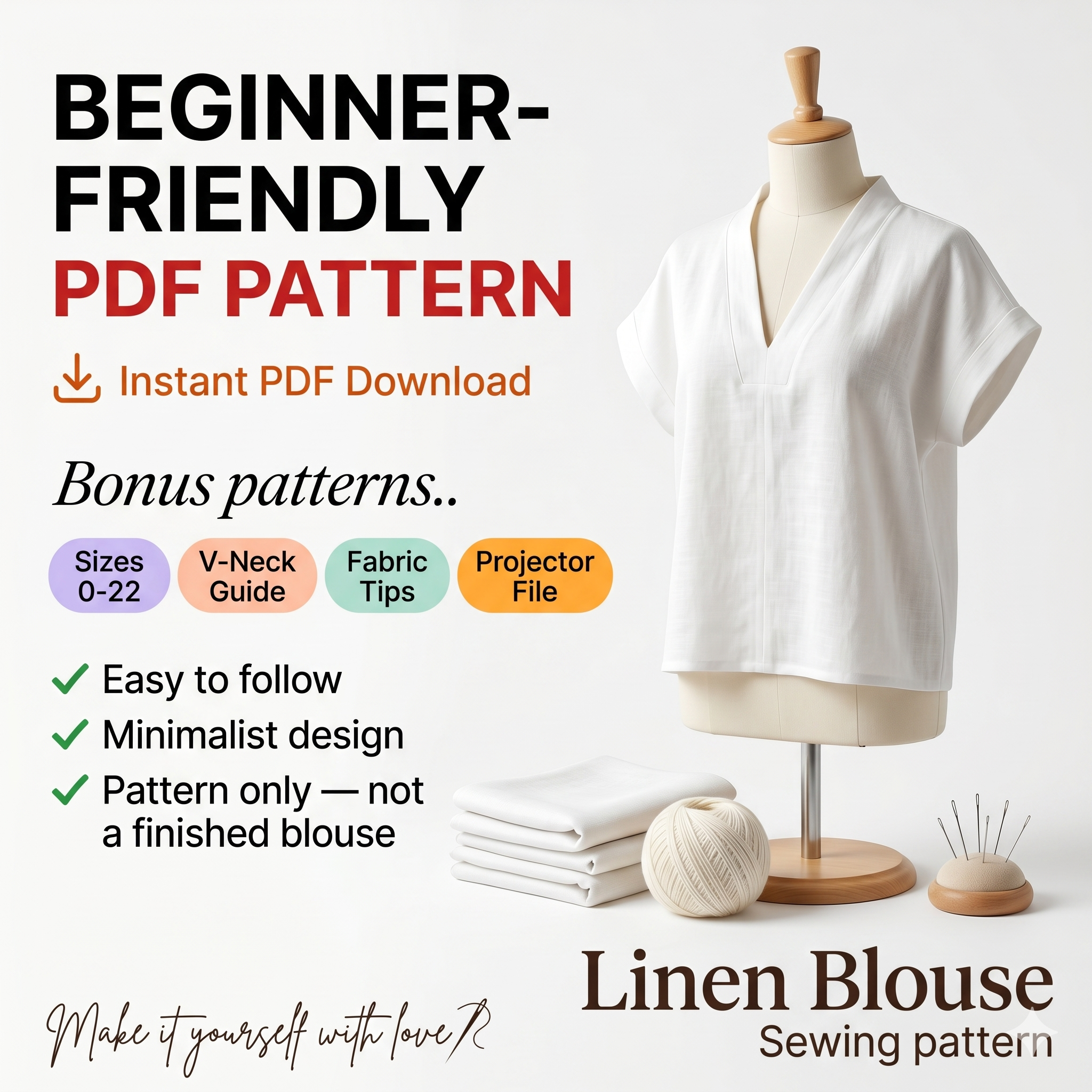 Linen Blouse Sewing Pattern PDF, V Neck Top Pattern, Loose Fit Summer Shirt, Minimalist Linen Top Pattern Sizes 0–22