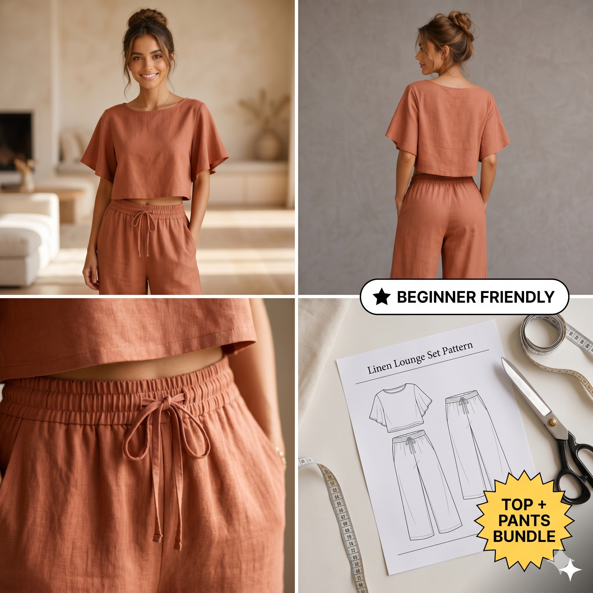 ✨ Linen Lounge Set – Cropped Top & Palazzo Pants – Instant Download PDF Sewing Pattern