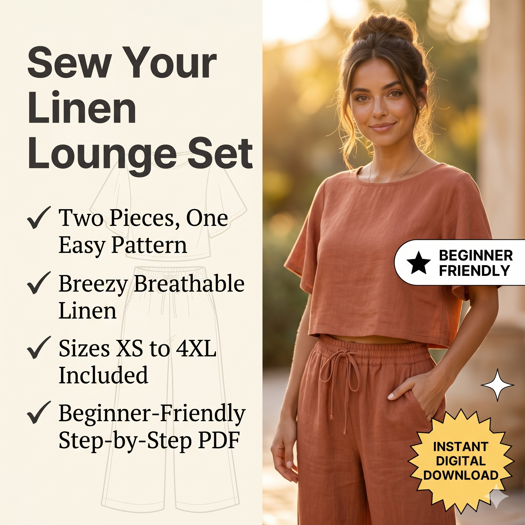 ✨ Linen Lounge Set – Cropped Top & Palazzo Pants – Instant Download PDF Sewing Pattern