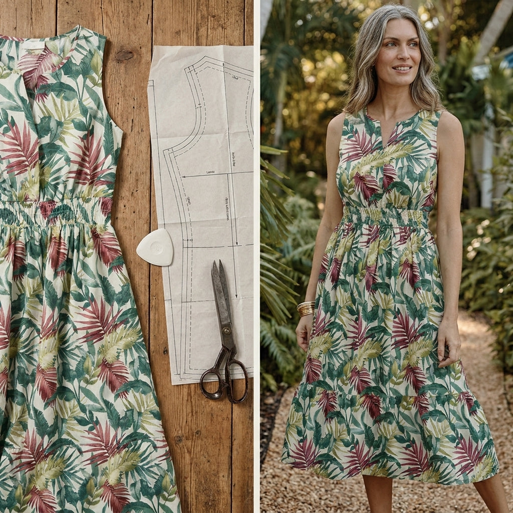 ✨ Tropical Print Smocked Waist Midi Dress – Instant Download PDF Sewing Pattern