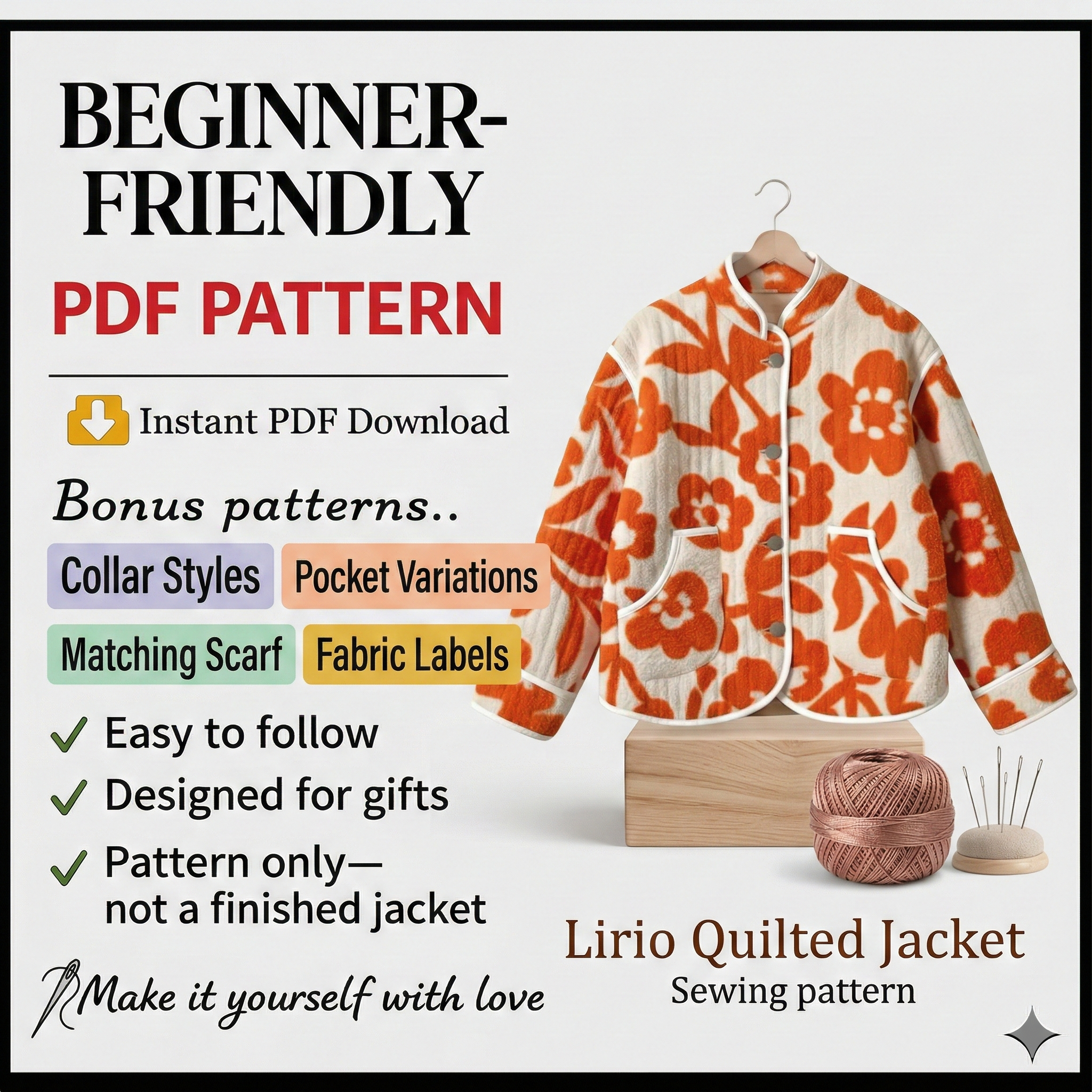 Lirio Quilted Jacket Sewing Pattern | Beginner Friendly, Sizes XXS-4XL (Instant Download)