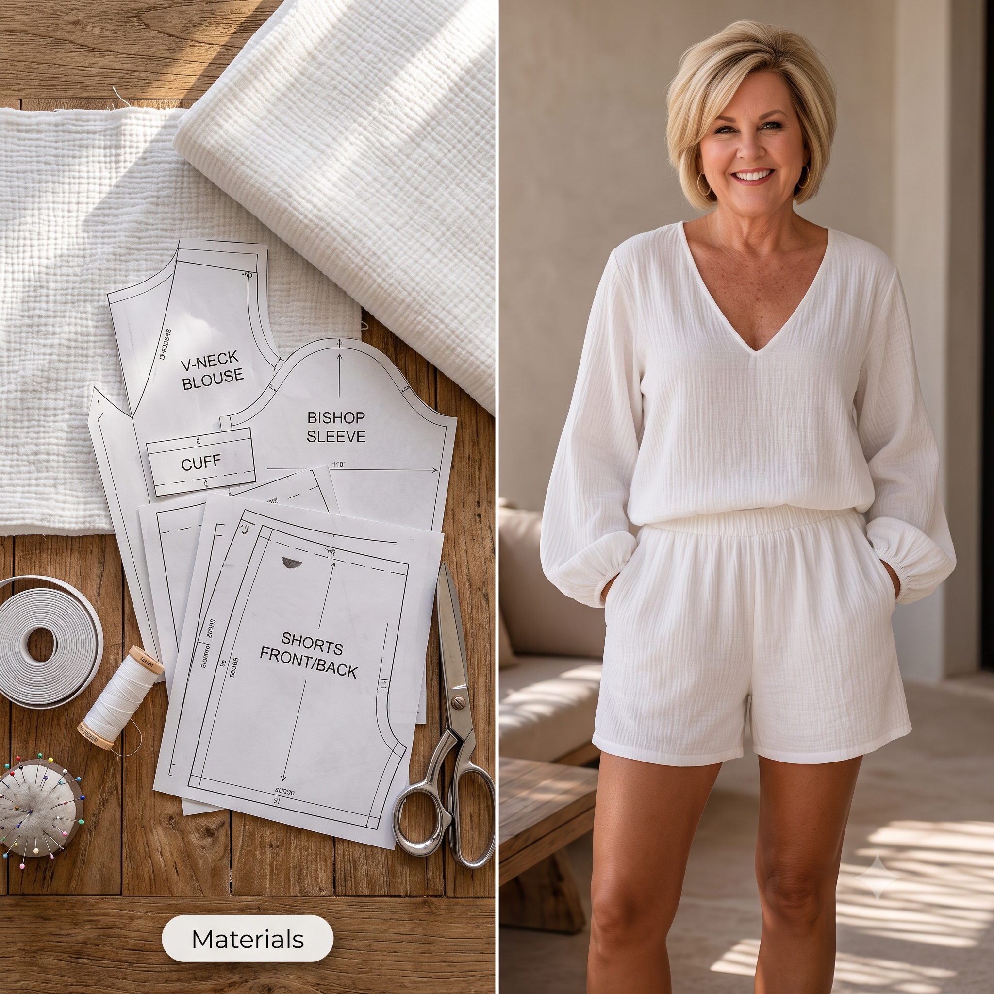 Muslin Lounge Set Sewing Pattern PDF, Oversized Blouse & Shorts, Beachwear Co Ord, Bishop Sleeve Top, Beginner Friendly, Sizes XXS–4XL