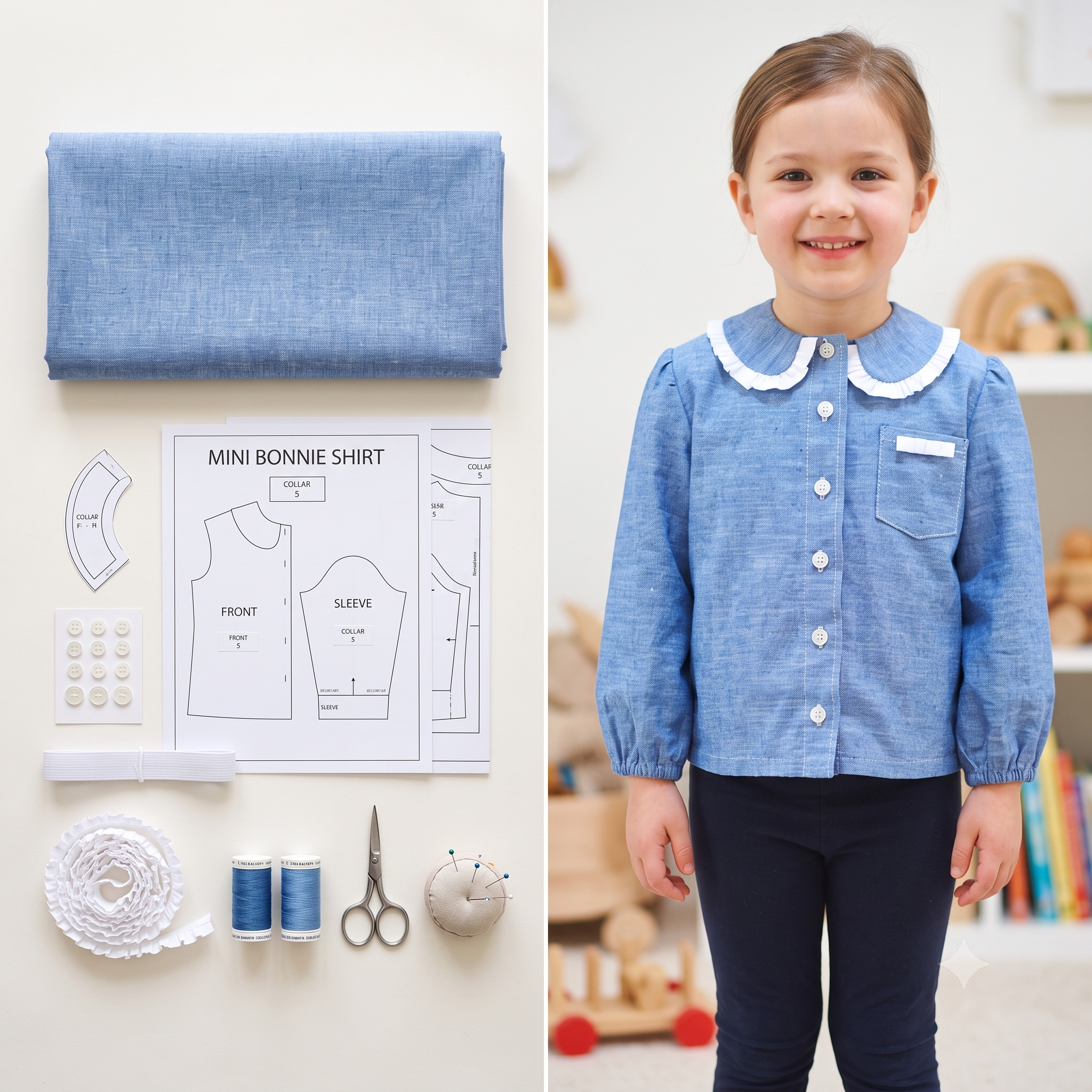 MINI BONNIE Kids Shirt Sewing Pattern PDF, Girls Boys Blouse & Dress, Peter Pan Collar, Ruffle Options, Chest Pocket, Ages 2–10 Years