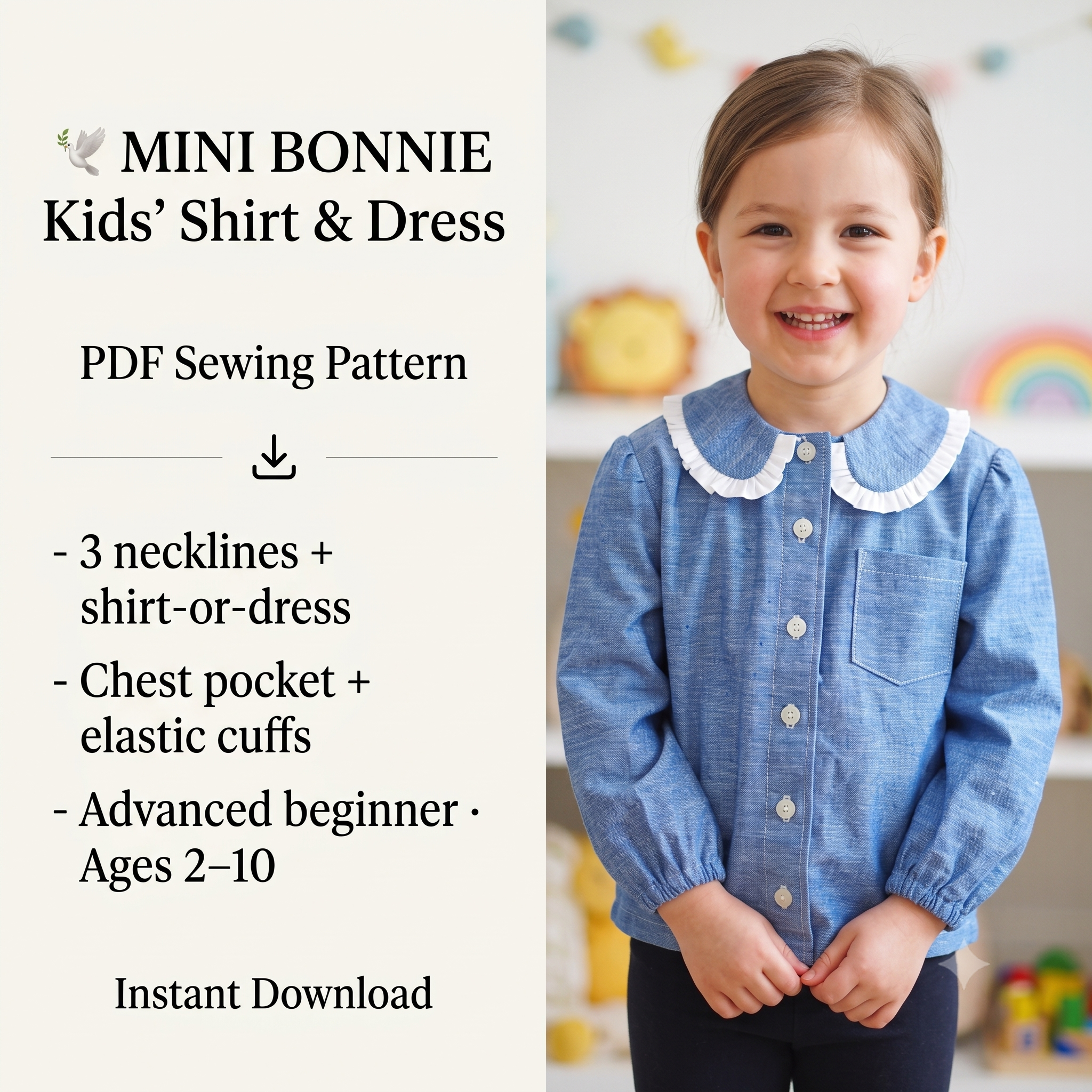 MINI BONNIE Kids Shirt Sewing Pattern PDF, Girls Boys Blouse & Dress, Peter Pan Collar, Ruffle Options, Chest Pocket, Ages 2–10 Years