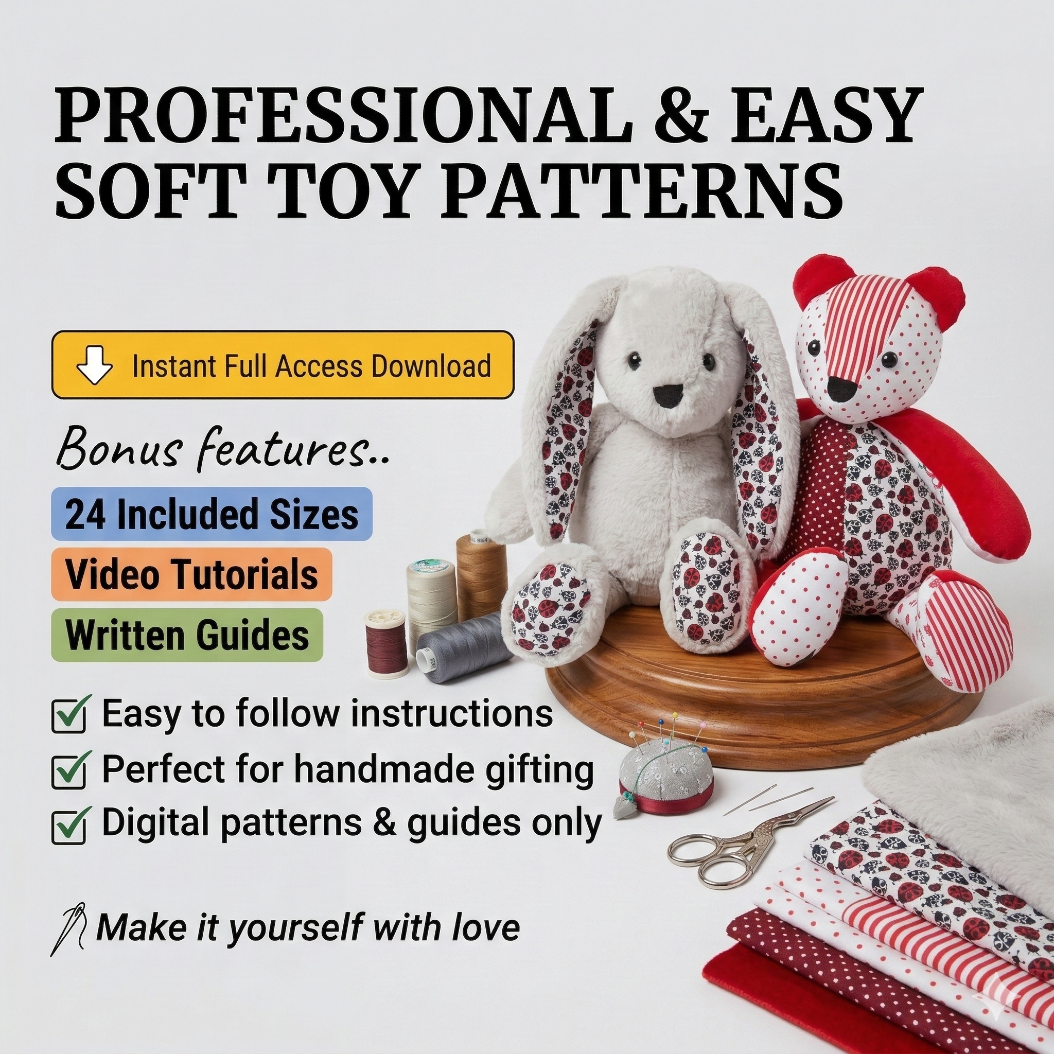 Memory Bear & Bunny Sewing Pattern: Keepsake Plush Template (PDF)