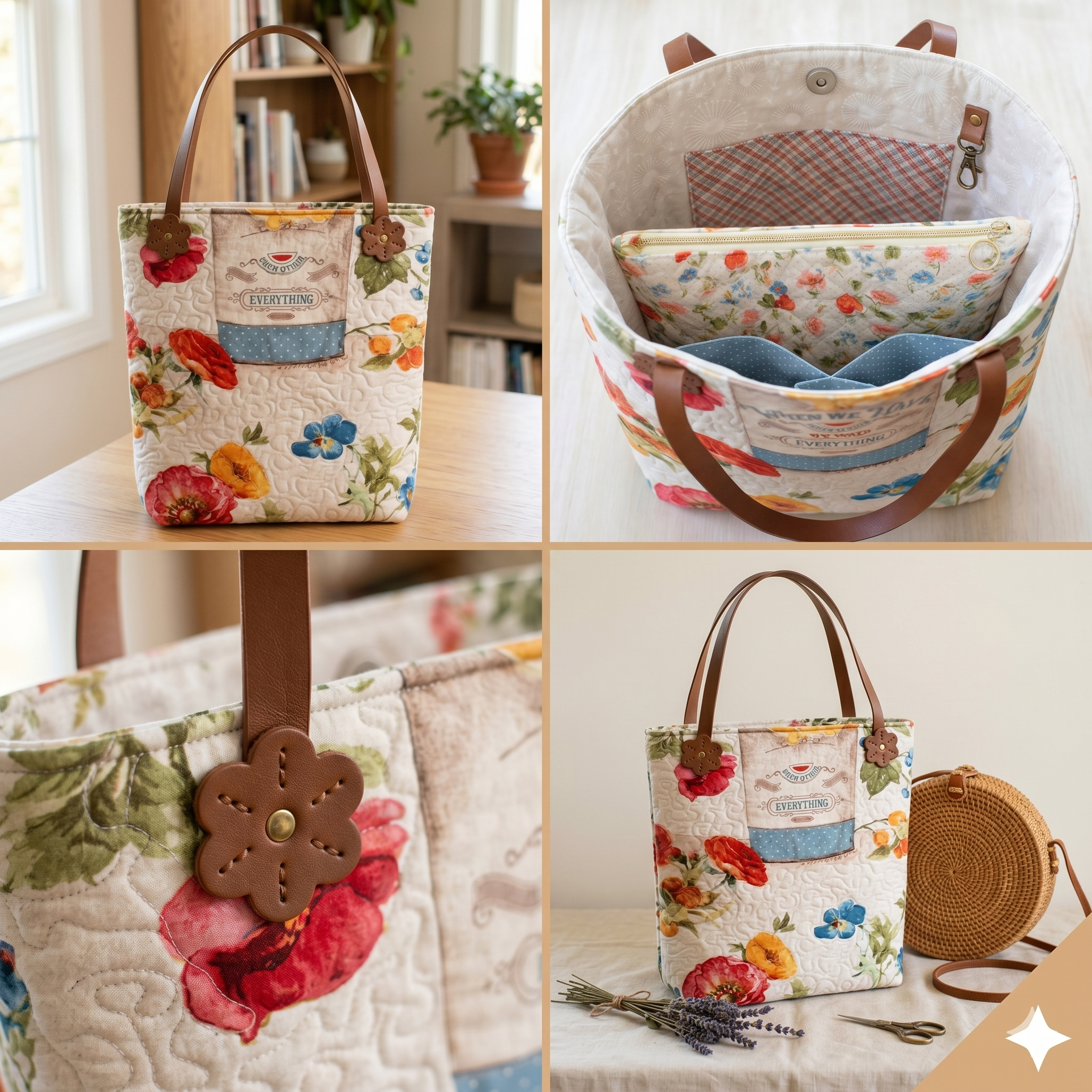Multi-Pocket Tote Bag Sewing Pattern PDF | Zipper Divider Bag | 15"x18" Panel Fabric Friendly Tote | DIY Quilted Market Bag Instant Download