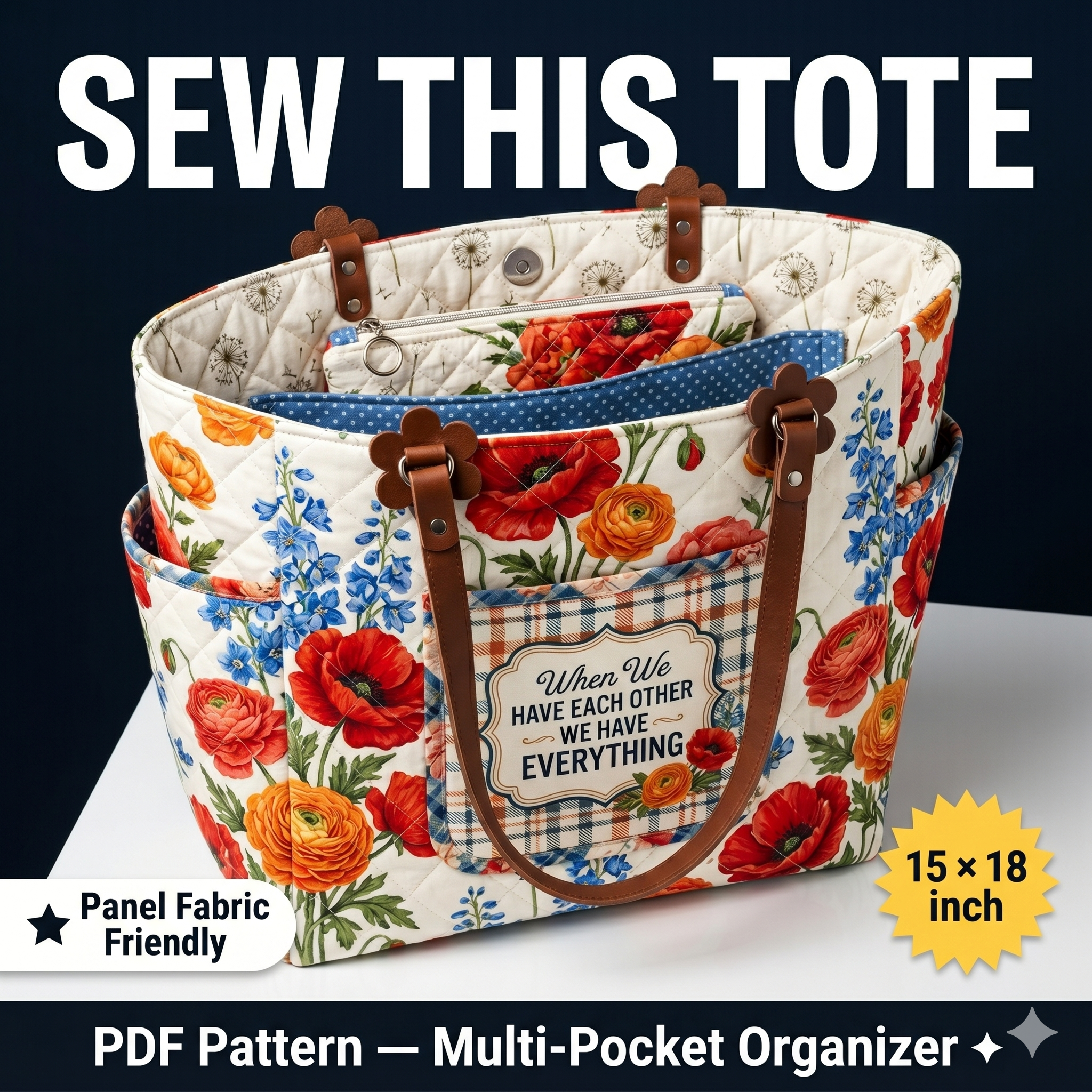 Multi-Pocket Tote Bag Sewing Pattern PDF | Zipper Divider Bag | 15"x18" Panel Fabric Friendly Tote | DIY Quilted Market Bag Instant Download